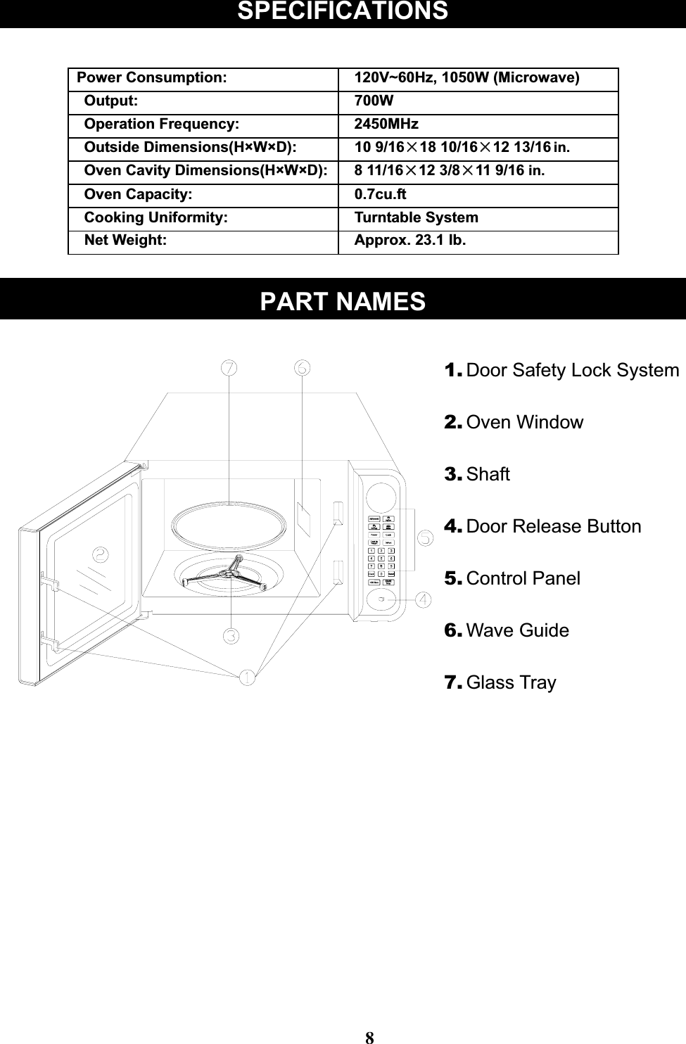 Power Consumption: 120V~60Hz, 1050W (Microwave)W007:tuptuOOperation Frequency: 2450MHzOutside Dimensions(H×W×D): 10 9/16×18 10/16×12 13/16 in.Oven Cavity Dimensions(H×W×D): 8 11/16×12 3/8×11 9/16 in.Oven Capacity: 0.7cu.ftCooking Uniformity: Turntable System1.32.xorppA:thgieWteN lb.1. Door Safety Lock System 2. Oven Window 3. Shaft4. Door Release Button5. Control Panel 6. Wave Guide7. Glass TraySPECIFICATIONSPART NAMES8