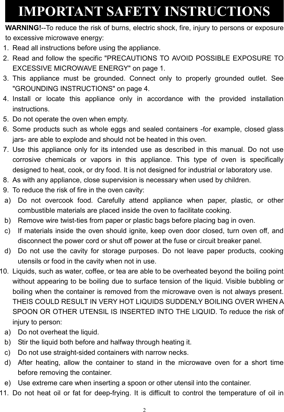 Page 2 of Galanz 7020007 Microwave Oven User Manual JS1M0609 23556 004