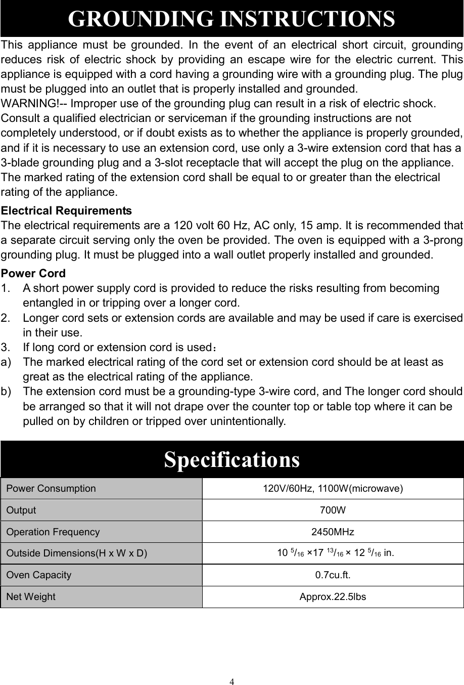 Page 4 of Galanz 7020007 Microwave Oven User Manual JS1M0609 23556 004