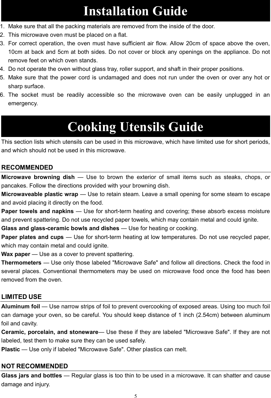 Page 5 of Galanz 7020007 Microwave Oven User Manual JS1M0609 23556 004