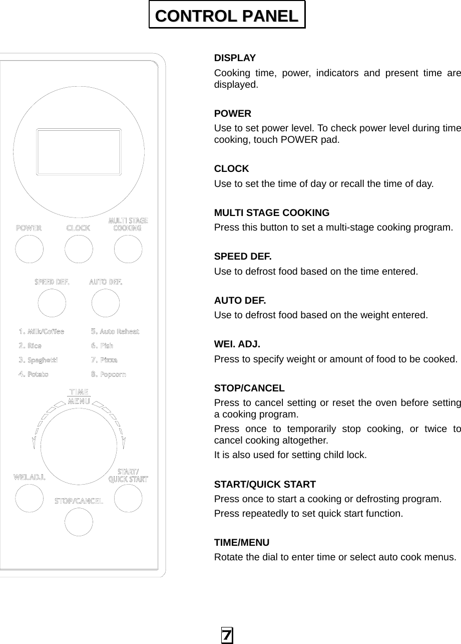  7                                     CCOONNTTRROOLL  PPAANNEELL  DISPLAY Cooking time, power, indicators and present time are displayed.  POWER Use to set power level. To check power level during time cooking, touch POWER pad.  CLOCK Use to set the time of day or recall the time of day.  MULTI STAGE COOKING   Press this button to set a multi-stage cooking program.  SPEED DEF. Use to defrost food based on the time entered.    AUTO DEF.   Use to defrost food based on the weight entered.    WEI. ADJ. Press to specify weight or amount of food to be cooked.  STOP/CANCEL  Press to cancel setting or reset the oven before setting a cooking program. Press once to temporarily stop cooking, or twice to cancel cooking altogether. It is also used for setting child lock.  START/QUICK START Press once to start a cooking or defrosting program. Press repeatedly to set quick start function.    TIME/MENU Rotate the dial to enter time or select auto cook menus. 