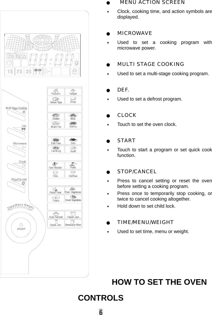 6  Q  MENU ACTION SCREEN Ù Clock, cooking time, and action symbols are displayed.  Q MICROWAVE Ù Used to set a cooking program with microwave power.  Q MULTI STAGE COOKING Ù Used to set a multi-stage cooking program.  Q DEF. Ù Used to set a defrost program.  Q CLOCK Ù Touch to set the oven clock.  Q START Ù Touch to start a program or set quick cook function.  Q STOP/CANCEL Ù Press to cancel setting or reset the oven before setting a cooking program.   Ù Press once to temporarily stop cooking, or twice to cancel cooking altogether. Ù Hold down to set child lock.  Q TIME/MENU/WEIGHT Ù Used to set time, menu or weight.      HOW TO SET THE OVEN CONTROLS 