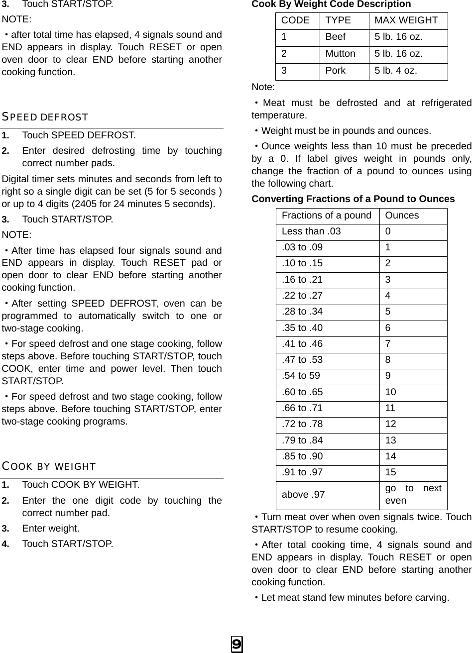  9 3.  Touch START/STOP.   NOTE:  ·after total time has elapsed, 4 signals sound and END appears in display. Touch RESET or open oven door to clear END before starting another cooking function. SPEED DEFROST 1.  Touch SPEED DEFROST. 2.  Enter desired defrosting time by touching correct number pads.   Digital timer sets minutes and seconds from left to right so a single digit can be set (5 for 5 seconds ) or up to 4 digits (2405 for 24 minutes 5 seconds).   3.  Touch START/STOP. NOTE:  ·After time has elapsed four signals sound and END appears in display. Touch RESET pad or open door to clear END before starting another cooking function. ·After setting SPEED DEFROST, oven can be programmed to automatically switch to one or two-stage cooking. ·For speed defrost and one stage cooking, follow steps above. Before touching START/STOP, touch COOK, enter time and power level. Then touch START/STOP. ·For speed defrost and two stage cooking, follow steps above. Before touching START/STOP, enter two-stage cooking programs. COOK BY WEIGHT 1.  Touch COOK BY WEIGHT. 2.  Enter the one digit code by touching the correct number pad. 3.  Enter weight. 4.  Touch START/STOP.      Cook By Weight Code Description CODE TYPE  MAX WEIGHT 1  Beef  5 lb. 16 oz. 2  Mutton  5 lb. 16 oz. 3  Pork  5 lb. 4 oz. Note: ·Meat must be defrosted and at refrigerated temperature. ·Weight must be in pounds and ounces.   ·Ounce weights less than 10 must be preceded by a 0. If label gives weight in pounds only, change the fraction of a pound to ounces using the following chart. Converting Fractions of a Pound to Ounces Fractions of a pound  Ounces Less than .03  0 .03 to .09  1 .10 to .15  2 .16 to .21  3 .22 to .27  4 .28 to .34  5 .35 to .40  6 .41 to .46  7 .47 to .53  8 .54 to 59  9 .60 to .65  10 .66 to .71  11 .72 to .78  12 .79 to .84  13 .85 to .90  14 .91 to .97  15 above .97  go to next even ·Turn meat over when oven signals twice. Touch START/STOP to resume cooking. ·After total cooking time, 4 signals sound and END appears in display. Touch RESET or open oven door to clear END before starting another cooking function.   ·Let meat stand few minutes before carving. 
