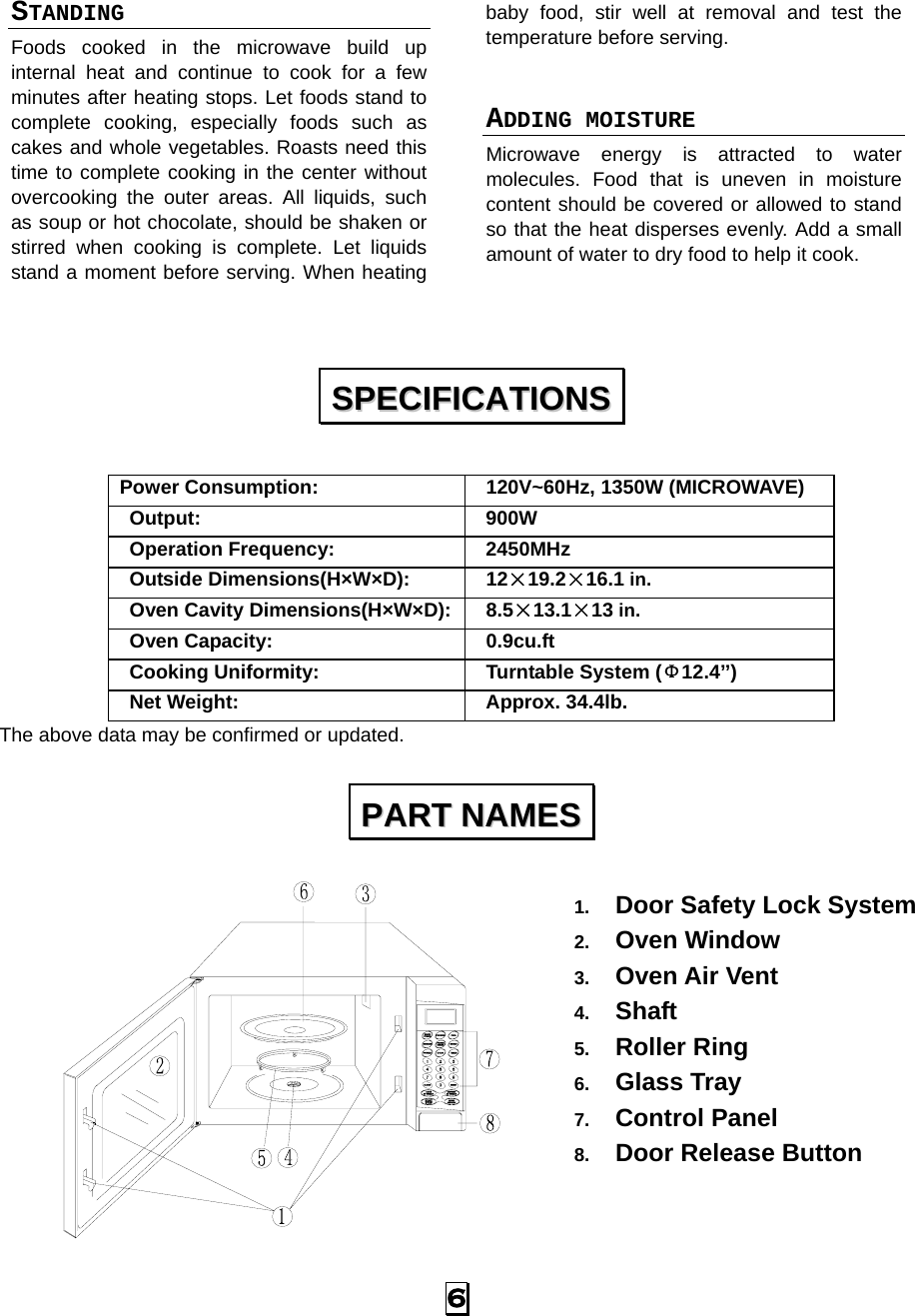  6 STANDING  Foods cooked in the microwave build up internal heat and continue to cook for a few minutes after heating stops. Let foods stand to complete cooking, especially foods such as cakes and whole vegetables. Roasts need this time to complete cooking in the center without overcooking the outer areas. All liquids, such as soup or hot chocolate, should be shaken or stirred when cooking is complete. Let liquids stand a moment before serving. When heating baby food, stir well at removal and test the temperature before serving.  ADDING MOISTURE Microwave energy is attracted to water molecules. Food that is uneven in moisture content should be covered or allowed to stand so that the heat disperses evenly. Add a small amount of water to dry food to help it cook.    Power Consumption:    120V~60Hz, 1350W (MICROWAVE)  Output:   900W  Operation Frequency:   2450MHz  Outside Dimensions(H×W×D):   12×19.2×16.1 in.  Oven Cavity Dimensions(H×W×D):  8.5×13.1×13 in.  Oven Capacity:    0.9cu.ft  Cooking Uniformity:    Turntable System (Φ12.4’’)  Net Weight:    Approx. 34.4lb.  The above data may be confirmed or updated.  1.  Door Safety Lock System 2.  Oven Window 3.  Oven Air Vent 4.  Shaft 5.  Roller Ring 6.  Glass Tray 7.  Control Panel 8.  Door Release Button   SSPPEECCIIFFIICCAATTIIOONNSS  PPAARRTT  NNAAMMEESS  