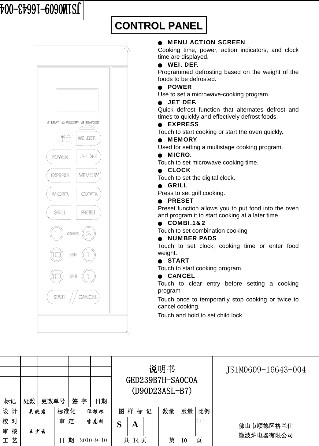                                                        JS1M0609-16643-004            标记  处数  更改单号  签 字  日期 说明书 GED239B7H-SA0C0A (D90D23ASL-B7) 设 计  吴晓君 标准化  谭银珠 图 样 标 记  数量 重量 比例 校 对   审 定  李志刚 审 核  王少云    S A       1:1 工 艺   日 期  2010-9-10  共 14 页  第  10   页 佛山市顺德区格兰仕 微波炉电器有限公司    Q MENU ACTION SCREEN Cooking time, power, action indicators, and clock time are displayed. Q WEI. DEF. Programmed defrosting based on the weight of the foods to be defrosted. Q POWER  Use to set a microwave-cooking program. Q JET DEF. Quick defrost function that alternates defrost and times to quickly and effectively defrost foods. Q EXPRESS Touch to start cooking or start the oven quickly. Q MEMORY Used for setting a multistage cooking program. Q MICRO. Touch to set microwave cooking time. Q CLOCK Touch to set the digital clock. Q GRILL Press to set grill cooking. Q PRESET Preset function allows you to put food into the oven and program it to start cooking at a later time. Q COMBI.1&amp;2 Touch to set combination cooking Q NUMBER PADS Touch to set clock, cooking time or enter food weight. Q START Touch to start cooking program. Q CANCEL Touch to clear entry before setting a cooking program Touch once to temporarily stop cooking or twice to cancel cooking. Touch and hold to set child lock.   CCOONNTTRROOLL  PPAANNEELL  