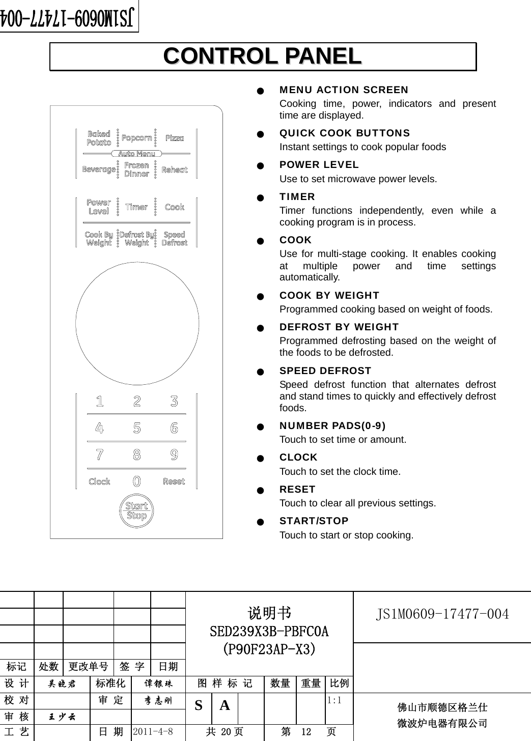                                                        JS1M0609-17477-004            标记  处数  更改单号  签 字 日期 说明书 SED239X3B-PBFC0A (P90F23AP-X3) 设 计  吴晓君 标准化  谭银珠 图 样 标 记  数量 重量 比例 校 对   审 定  李志刚 审 核  王少云    S A       1:1 工 艺   日 期  2011-4-8  共 20 页  第  12   页 佛山市顺德区格兰仕 微波炉电器有限公司    Q MENU ACTION SCREEN Cooking time, power, indicators and present time are displayed. Q QUICK COOK BUTTONS Instant settings to cook popular foods   Q POWER LEVEL Use to set microwave power levels. Q TIMER  Timer functions independently, even while a cooking program is in process. Q COOK  Use for multi-stage cooking. It enables cooking at multiple power and time settings automatically. Q COOK BY WEIGHT Programmed cooking based on weight of foods. Q DEFROST BY WEIGHT Programmed defrosting based on the weight of the foods to be defrosted. Q SPEED DEFROST Speed defrost function that alternates defrost and stand times to quickly and effectively defrost foods. Q NUMBER PADS(0-9) Touch to set time or amount. Q CLOCK Touch to set the clock time. Q RESET Touch to clear all previous settings. Q START/STOP Touch to start or stop cooking.   CCOONNTTRROOLL  PPAANNEELL  