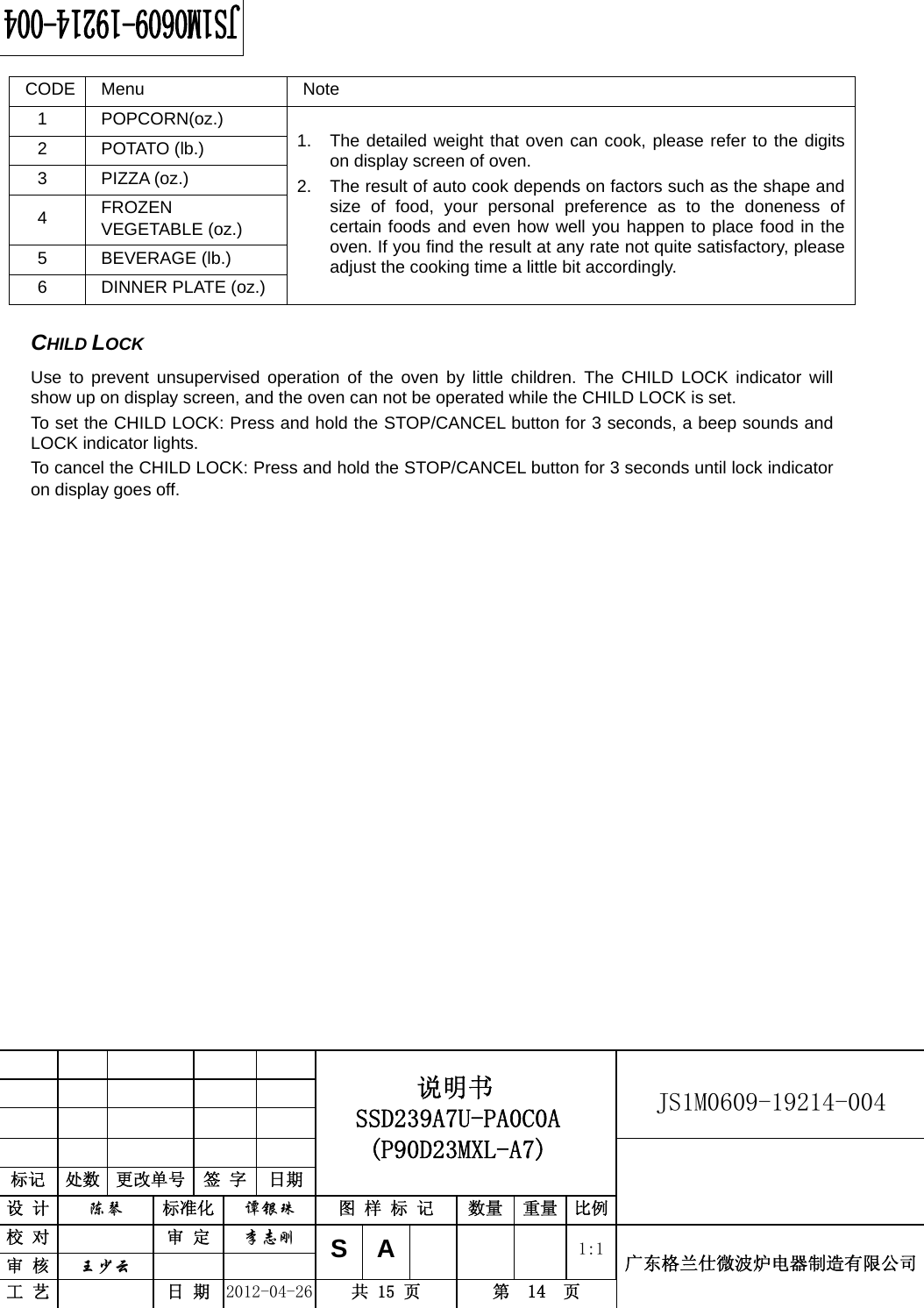                                                          JS1M0609-19214-004            标记  处数  更改单号  签 字  日期 说明书 SSD239A7U-PA0C0A (P90D23MXL-A7) 设 计  陈琴 标准化 谭银珠 图 样 标 记  数量 重量 比例 校 对  审 定 李志刚 审 核  王少云    SA     1:1工 艺  日 期 2012-04-26  共 15 页  第  14  页 广东格兰仕微波炉电器制造有限公司  CODE Menu  Note 1 POPCORN(oz.) 2 POTATO (lb.) 3 PIZZA (oz.) 4  FROZEN VEGETABLE (oz.) 5 BEVERAGE (lb.) 6 DINNER PLATE (oz.) 1.  The detailed weight that oven can cook, please refer to the digits on display screen of oven.   2.  The result of auto cook depends on factors such as the shape and size of food, your personal preference as to the doneness of certain foods and even how well you happen to place food in the oven. If you find the result at any rate not quite satisfactory, please adjust the cooking time a little bit accordingly.  CHILD LOCKUse to prevent unsupervised operation of the oven by little children. The CHILD LOCK indicator will show up on display screen, and the oven can not be operated while the CHILD LOCK is set. To set the CHILD LOCK: Press and hold the STOP/CANCEL button for 3 seconds, a beep sounds and LOCK indicator lights. To cancel the CHILD LOCK: Press and hold the STOP/CANCEL button for 3 seconds until lock indicator on display goes off.                 