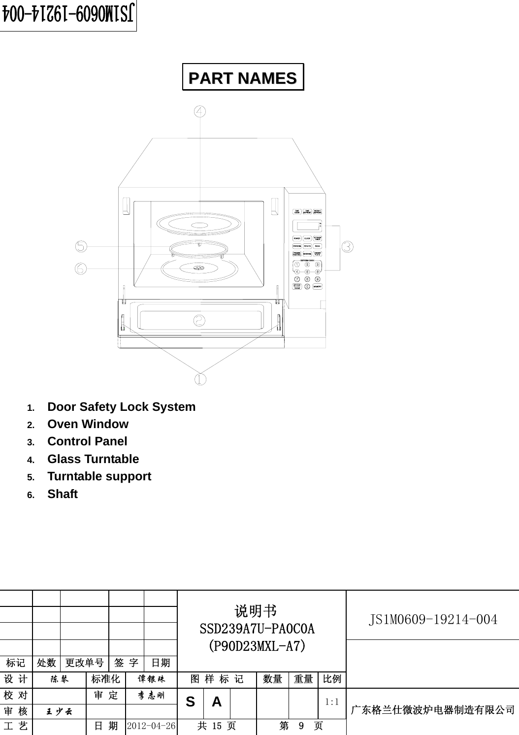                                                          JS1M0609-19214-004            标记  处数  更改单号  签 字  日期 说明书 SSD239A7U-PA0C0A (P90D23MXL-A7) 设 计  陈琴 标准化 谭银珠 图 样 标 记  数量 重量 比例 校 对  审 定 李志刚 审 核  王少云    SA     1:1工 艺  日 期 2012-04-26  共 15 页  第  9  页 广东格兰仕微波炉电器制造有限公司                   1.  Door Safety Lock System 2.  Oven Window 3.  Control Panel   4.  Glass Turntable 5.  Turntable support 6.  Shaft     PPAARRTT  NNAAMMEESS  