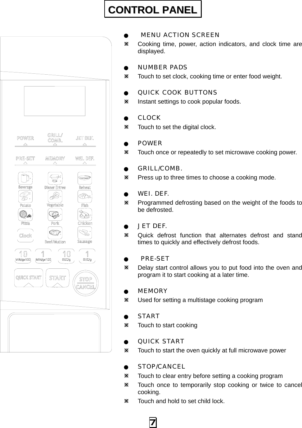  7 Q  MENU ACTION SCREEN Ú Cooking time, power, action indicators, and clock time are displayed. Q NUMBER PADS Ú Touch to set clock, cooking time or enter food weight. Q QUICK COOK BUTTONS Ú Instant settings to cook popular foods. Q CLOCK Ú Touch to set the digital clock. Q POWER Ú Touch once or repeatedly to set microwave cooking power. Q GRILL/COMB. Ú Press up to three times to choose a cooking mode. Q WEI. DEF. Ú Programmed defrosting based on the weight of the foods to be defrosted. Q JET DEF. Ú Quick defrost function that alternates defrost and stand times to quickly and effectively defrost foods. Q  PRE-SET Ú Delay start control allows you to put food into the oven and program it to start cooking at a later time. Q MEMORY Ú Used for setting a multistage cooking program Q START Ú Touch to start cooking Q QUICK START Ú Touch to start the oven quickly at full microwave power Q STOP/CANCEL Ú Touch to clear entry before setting a cooking program Ú Touch once to temporarily stop cooking or twice to cancel cooking. Ú Touch and hold to set child lock.  CCOONNTTRROOLL  PPAANNEELL  