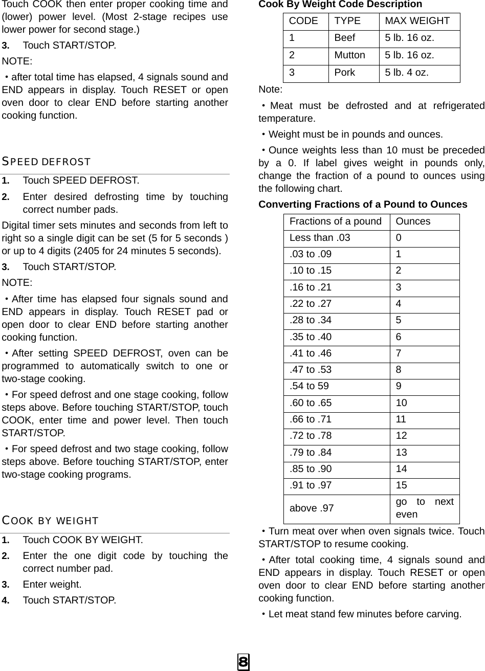  8 Touch COOK then enter proper cooking time and (lower) power level. (Most 2-stage recipes use lower power for second stage.)   3.  Touch START/STOP.   NOTE:  ·after total time has elapsed, 4 signals sound and END appears in display. Touch RESET or open oven door to clear END before starting another cooking function. SPEED DEFROST 1.  Touch SPEED DEFROST. 2.  Enter desired defrosting time by touching correct number pads.   Digital timer sets minutes and seconds from left to right so a single digit can be set (5 for 5 seconds ) or up to 4 digits (2405 for 24 minutes 5 seconds).   3.  Touch START/STOP. NOTE:  ·After time has elapsed four signals sound and END appears in display. Touch RESET pad or open door to clear END before starting another cooking function. ·After setting SPEED DEFROST, oven can be programmed to automatically switch to one or two-stage cooking. ·For speed defrost and one stage cooking, follow steps above. Before touching START/STOP, touch COOK, enter time and power level. Then touch START/STOP. ·For speed defrost and two stage cooking, follow steps above. Before touching START/STOP, enter two-stage cooking programs. COOK BY WEIGHT 1.  Touch COOK BY WEIGHT. 2.  Enter the one digit code by touching the correct number pad. 3.  Enter weight. 4.  Touch START/STOP.   Cook By Weight Code Description CODE TYPE  MAX WEIGHT 1  Beef  5 lb. 16 oz. 2  Mutton  5 lb. 16 oz. 3  Pork  5 lb. 4 oz. Note: ·Meat must be defrosted and at refrigerated temperature. ·Weight must be in pounds and ounces.   ·Ounce weights less than 10 must be preceded by a 0. If label gives weight in pounds only, change the fraction of a pound to ounces using the following chart. Converting Fractions of a Pound to Ounces Fractions of a pound  Ounces Less than .03  0 .03 to .09  1 .10 to .15  2 .16 to .21  3 .22 to .27  4 .28 to .34  5 .35 to .40  6 .41 to .46  7 .47 to .53  8 .54 to 59  9 .60 to .65  10 .66 to .71  11 .72 to .78  12 .79 to .84  13 .85 to .90  14 .91 to .97  15 above .97  go to next even ·Turn meat over when oven signals twice. Touch START/STOP to resume cooking. ·After total cooking time, 4 signals sound and END appears in display. Touch RESET or open oven door to clear END before starting another cooking function.   ·Let meat stand few minutes before carving. 