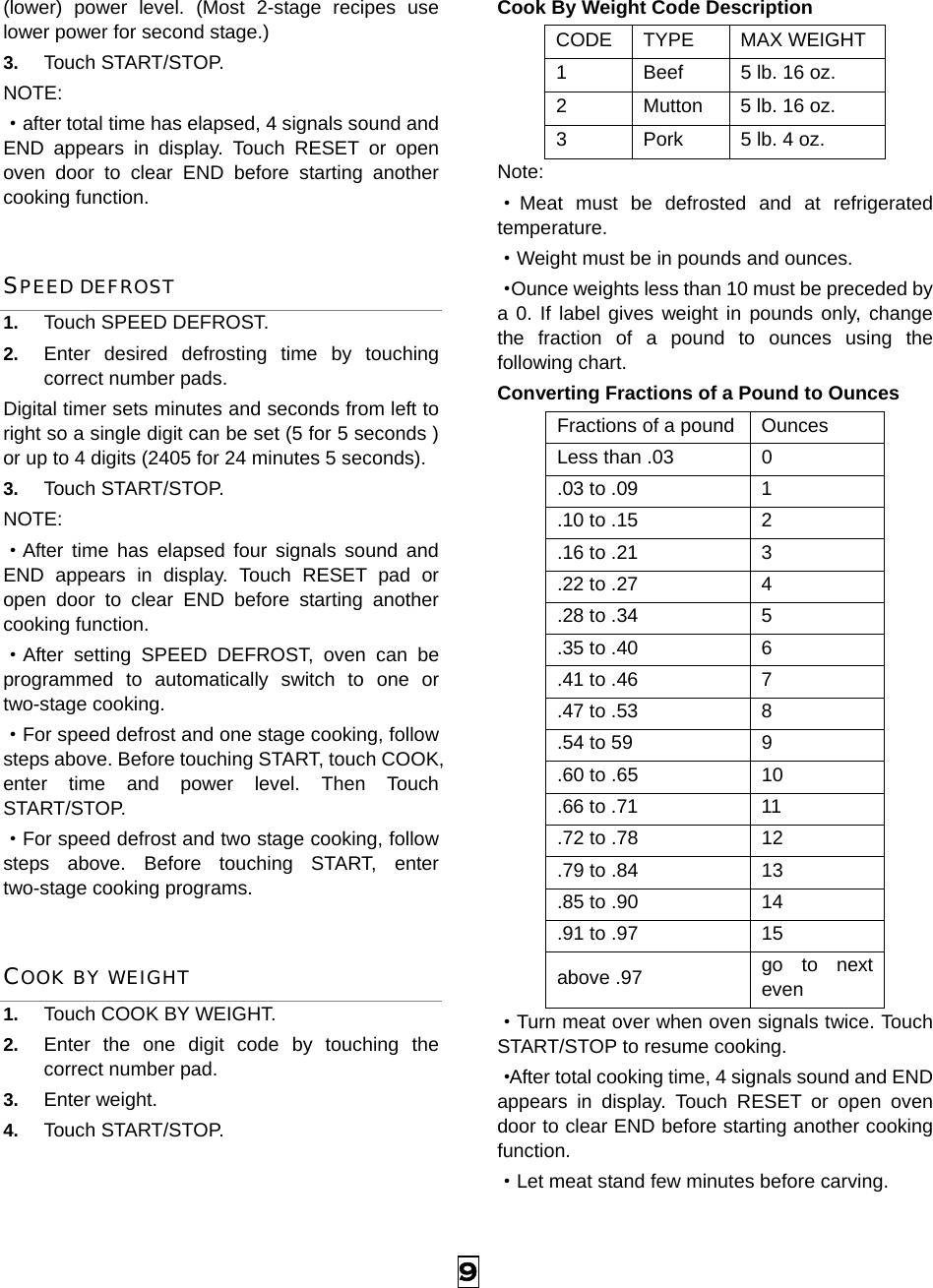  9 (lower) power level. (Most 2-stage recipes use lower power for second stage.)   3.  Touch START/STOP.   NOTE:  ·after total time has elapsed, 4 signals sound and END appears in display. Touch RESET or open oven door to clear END before starting another cooking function. SPEED DEFROST 1.  Touch SPEED DEFROST. 2.  Enter desired defrosting time by touching correct number pads.   Digital timer sets minutes and seconds from left to right so a single digit can be set (5 for 5 seconds ) or up to 4 digits (2405 for 24 minutes 5 seconds).   3.  Touch START/STOP. NOTE:  ·After time has elapsed four signals sound and END appears in display. Touch RESET pad or open door to clear END before starting another cooking function. ·After setting SPEED DEFROST, oven can be programmed to automatically switch to one or two-stage cooking. ·For speed defrost and one stage cooking, follow steps above. Before touching START, touch COOK, enter time and power level. Then Touch START/STOP. ·For speed defrost and two stage cooking, follow steps above. Before touching START, enter two-stage cooking programs. COOK BY WEIGHT 1.  Touch COOK BY WEIGHT. 2.  Enter the one digit code by touching the correct number pad. 3.  Enter weight. 4.  Touch START/STOP.    Cook By Weight Code Description CODE TYPE  MAX WEIGHT 1  Beef  5 lb. 16 oz. 2  Mutton  5 lb. 16 oz. 3  Pork  5 lb. 4 oz. Note: ·Meat must be defrosted and at refrigerated temperature. ·Weight must be in pounds and ounces.   ·Ounce weights less than 10 must be preceded by a 0. If label gives weight in pounds only, change the fraction of a pound to ounces using the following chart. Converting Fractions of a Pound to Ounces Fractions of a pound  Ounces Less than .03  0 .03 to .09  1 .10 to .15  2 .16 to .21  3 .22 to .27  4 .28 to .34  5 .35 to .40  6 .41 to .46  7 .47 to .53  8 .54 to 59  9 .60 to .65  10 .66 to .71  11 .72 to .78  12 .79 to .84  13 .85 to .90  14 .91 to .97  15 above .97  go to next even ·Turn meat over when oven signals twice. Touch START/STOP to resume cooking. ·After total cooking time, 4 signals sound and END appears in display. Touch RESET or open oven door to clear END before starting another cooking function.  ·Let meat stand few minutes before carving.   