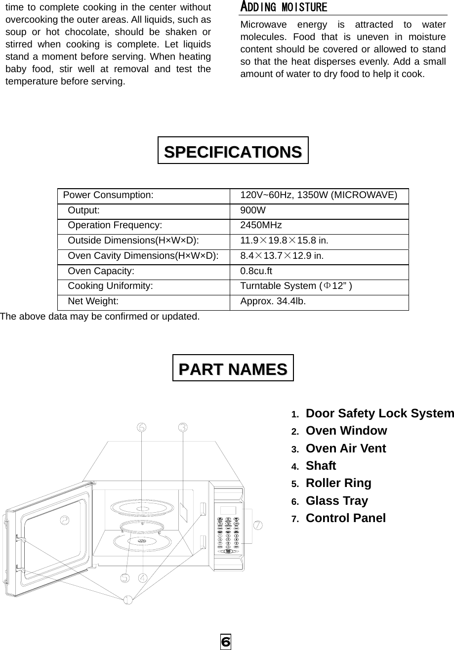  6 time to complete cooking in the center without overcooking the outer areas. All liquids, such as soup or hot chocolate, should be shaken or stirred when cooking is complete. Let liquids stand a moment before serving. When heating baby food, stir well at removal and test the temperature before serving.  ADDING MOISTURE Microwave energy is attracted to water molecules. Food that is uneven in moisture content should be covered or allowed to stand so that the heat disperses evenly. Add a small amount of water to dry food to help it cook.  Power Consumption:    120V~60Hz, 1350W (MICROWAVE)  Output:   900W  Operation Frequency:   2450MHz  Outside Dimensions(H×W×D):   11.9×19.8×15.8 in.  Oven Cavity Dimensions(H×W×D):   8.4×13.7×12.9 in.  Oven Capacity:    0.8cu.ft  Cooking Uniformity:    Turntable System (Φ12” )  Net Weight:    Approx. 34.4lb.  The above data may be confirmed or updated.   1.  Door Safety Lock System 2.  Oven Window 3.  Oven Air Vent 4.  Shaft 5.  Roller Ring 6.  Glass Tray 7.  Control Panel      SSPPEECCIIFFIICCAATTIIOONNSS  PPAARRTT  NNAAMMEESS  