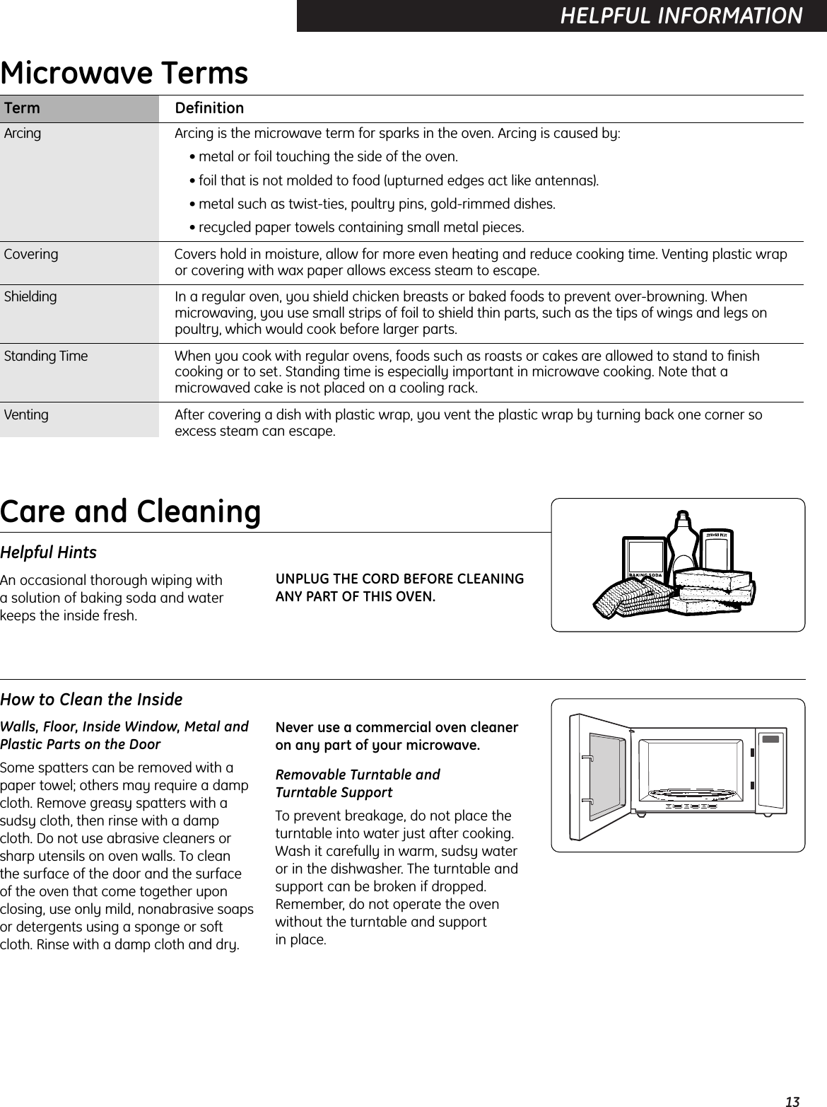 13HELPFUL INFORMATION  Term DefinitionArcing Arcing is the microwave term for sparks in the oven. Arcing is caused by:• metal or foil touching the side of the oven.• foil that is not molded to food (upturned edges act like antennas).• metal such as twist-ties, poultry pins, gold-rimmed dishes.• recycled paper towels containing small metal pieces.Covering Covers hold in moisture, allow for more even heating and reduce cooking time. Venting plastic wrapor covering with wax paper allows excess steam to escape.Shielding In a regular oven, you shield chicken breasts or baked foods to prevent over-browning. Whenmicrowaving, you use small strips of foil to shield thin parts, such as the tips of wings and legs onpoultry, which would cook before larger parts.Standing Time When you cook with regular ovens, foods such as roasts or cakes are allowed to stand to finishcooking or to set. Standing time is especially important in microwave cooking. Note that amicrowaved cake is not placed on a cooling rack.Venting After covering a dish with plastic wrap, you vent the plastic wrap by turning back one corner soexcess steam can escape.Microwave TermsHow to Clean the InsideWalls, Floor, Inside Window, Metal andPlastic Parts on the DoorSome spatters can be removed with apaper towel; others may require a dampcloth. Remove greasy spatters with asudsy cloth, then rinse with a dampcloth. Do not use abrasive cleaners orsharp utensils on oven walls. To cleanthe surface of the door and the surfaceof the oven that come together uponclosing, use only mild, nonabrasive soapsor detergents using a sponge or softcloth. Rinse with a damp cloth and dry.Never use a commercial oven cleaneron any part of your microwave.Removable Turntable and Turntable SupportTo prevent breakage, do not place theturntable into water just after cooking.Wash it carefully in warm, sudsy wateror in the dishwasher. The turntable andsupport can be broken if dropped.Remember, do not operate the ovenwithout the turntable and support in place. Helpful HintsAn occasional thorough wiping with a solution of baking soda and waterkeeps the inside fresh.UNPLUG THE CORD BEFORE CLEANINGANY PART OF THIS OVEN.Care and Cleaning