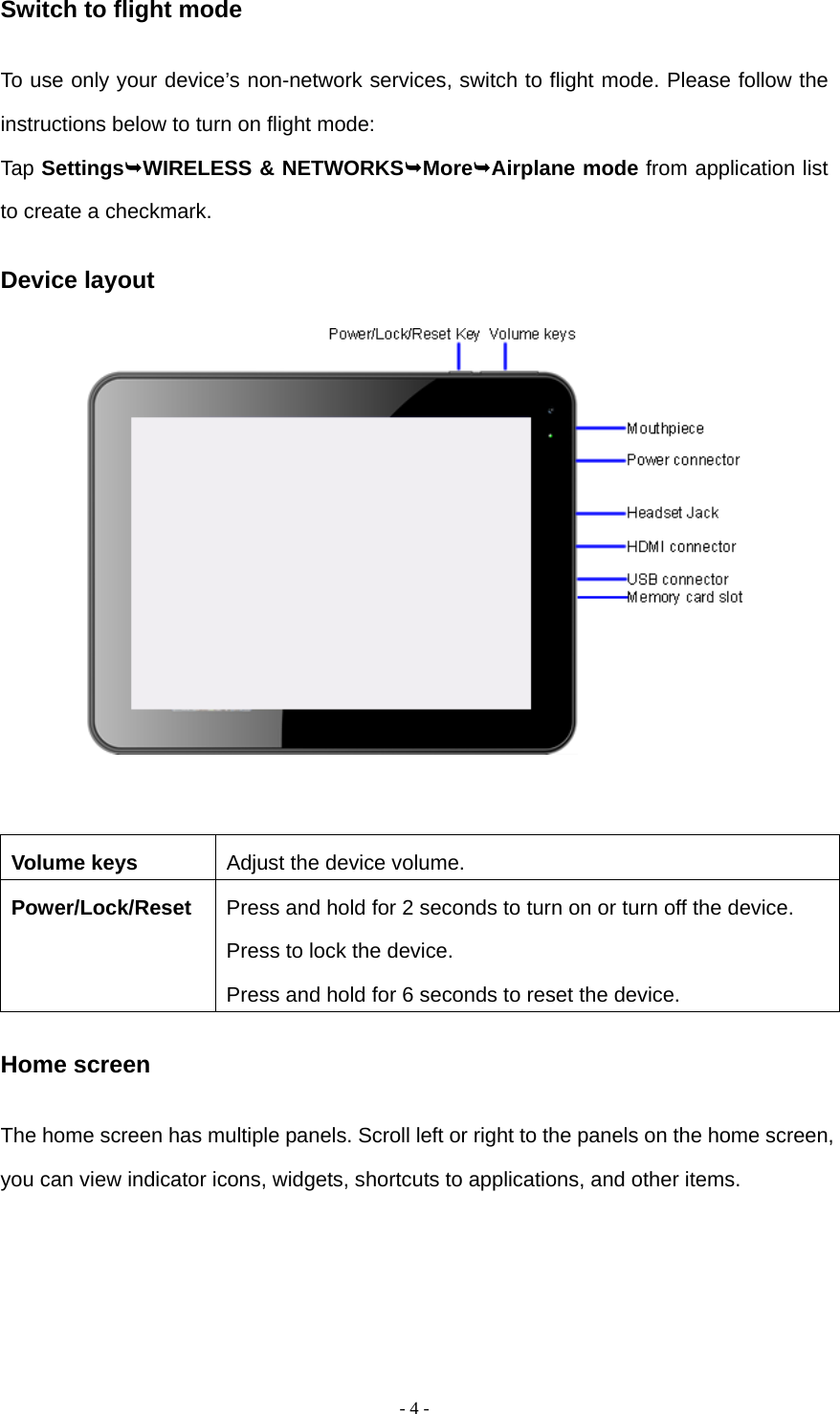   - 4 -Switch to flight mode To use only your device&rsquo;s non-network services, switch to flight mode. Please follow the instructions below to turn on flight mode: Tap SettingsWIRELESS &amp; NETWORKSMoreAirplane mode from application list to create a checkmark. Device layout    Volume keys  Adjust the device volume. Power/Lock/Reset  Press and hold for 2 seconds to turn on or turn off the device. Press to lock the device. Press and hold for 6 seconds to reset the device. Home screen The home screen has multiple panels. Scroll left or right to the panels on the home screen, you can view indicator icons, widgets, shortcuts to applications, and other items.    