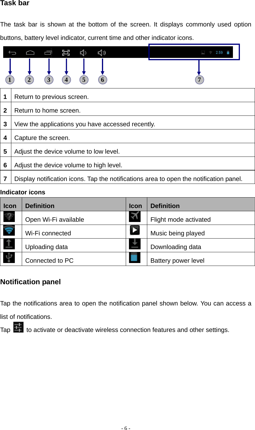   - 6 -Task bar The task bar is shown at the bottom of the screen. It displays commonly used option buttons, battery level indicator, current time and other indicator icons.     1  Return to previous screen. 2  Return to home screen. 3  View the applications you have accessed recently. 4  Capture the screen. 5  Adjust the device volume to low level. 6  Adjust the device volume to high level. 7  Display notification icons. Tap the notifications area to open the notification panel. Indicator icons Icon  Definition  Icon Definition   Open Wi-Fi available    Flight mode activated  Wi-Fi connected   Music being played  Uploading data   Downloading data   Connected to PC    Battery power level Notification panel Tap the notifications area to open the notification panel shown below. You can access a list of notifications.   Tap    to activate or deactivate wireless connection features and other settings.       1  2  3  4  5  6  7 