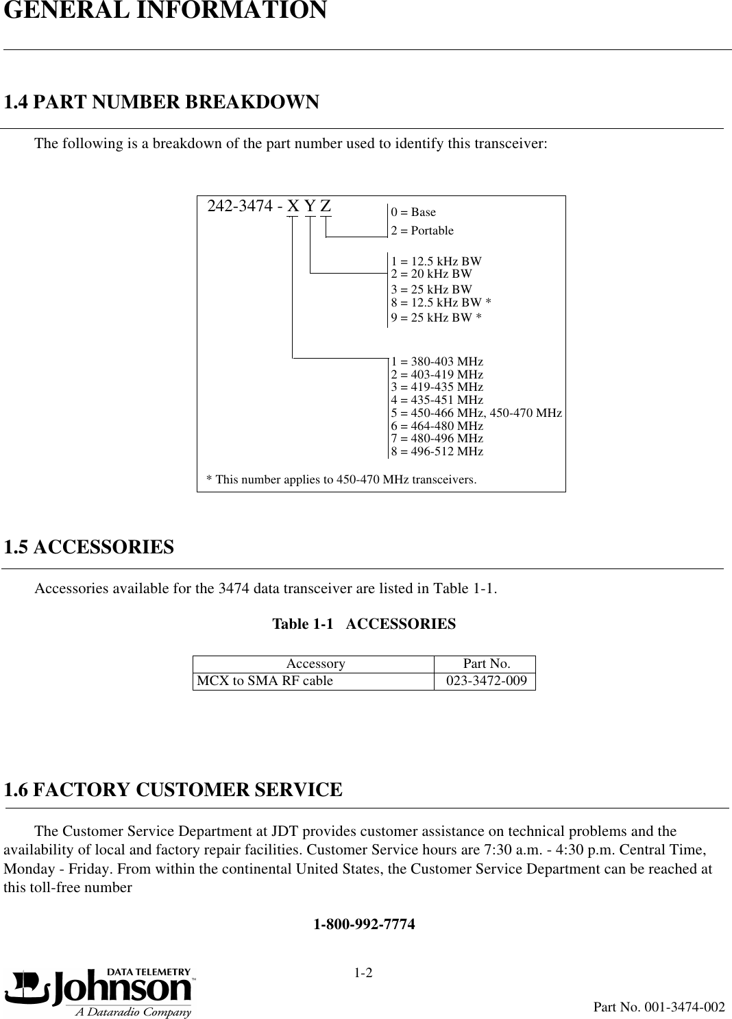 GENERAL INFORMATION1-2Part No. 001-3474-0021.4 PART NUMBER BREAKDOWNThe following is a breakdown of the part number used to identify this transceiver:1.5 ACCESSORIESAccessories available for the 3474 data transceiver are listed in Table 1-1.1.6 FACTORY CUSTOMER SERVICEThe Customer Service Department at JDT provides customer assistance on technical problems and the availability of local and factory repair facilities. Customer Service hours are 7:30 a.m. - 4:30 p.m. Central Time, Monday - Friday. From within the continental United States, the Customer Service Department can be reached at this toll-free number1-800-992-7774Table 1-1   ACCESSORIESAccessory Part No.MCX to SMA RF cable 023-3472-009242-3474 - X Y Z 0 = Base2 = Portable1 = 12.5 kHz BW2 = 20 kHz BW3 = 25 kHz BW 9 = 25 kHz BW *8 = 12.5 kHz BW ** This number applies to 450-470 MHz transceivers.8 = 496-512 MHz7 = 480-496 MHz6 = 464-480 MHz5 = 450-466 MHz, 450-470 MHz4 = 435-451 MHz3 = 419-435 MHz2 = 403-419 MHz1 = 380-403 MHz