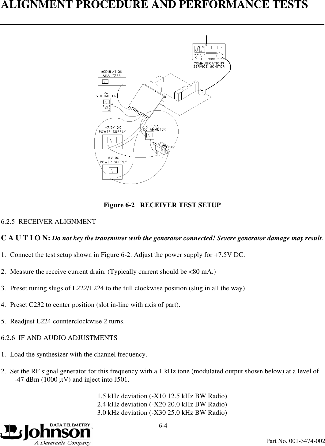 ALIGNMENT PROCEDURE AND PERFORMANCE TESTS6-4Part No. 001-3474-002Figure 6-2   RECEIVER TEST SETUP6.2.5  RECEIVER ALIGNMENTC A U T I O N: Do not key the transmitter with the generator connected! Severe generator damage may result.1. Connect the test setup shown in Figure 6-2. Adjust the power supply for +7.5V DC.2. Measure the receive current drain. (Typically current should be &lt;80 mA.)3. Preset tuning slugs of L222/L224 to the full clockwise position (slug in all the way).4. Preset C232 to center position (slot in-line with axis of part).5. Readjust L224 counterclockwise 2 turns.6.2.6  IF AND AUDIO ADJUSTMENTS1. Load the synthesizer with the channel frequency.2. Set the RF signal generator for this frequency with a 1 kHz tone (modulated output shown below) at a level of -47 dBm (1000 µV) and inject into J501.1.5 kHz deviation (-X10 12.5 kHz BW Radio)2.4 kHz deviation (-X20 20.0 kHz BW Radio)3.0 kHz deviation (-X30 25.0 kHz BW Radio)