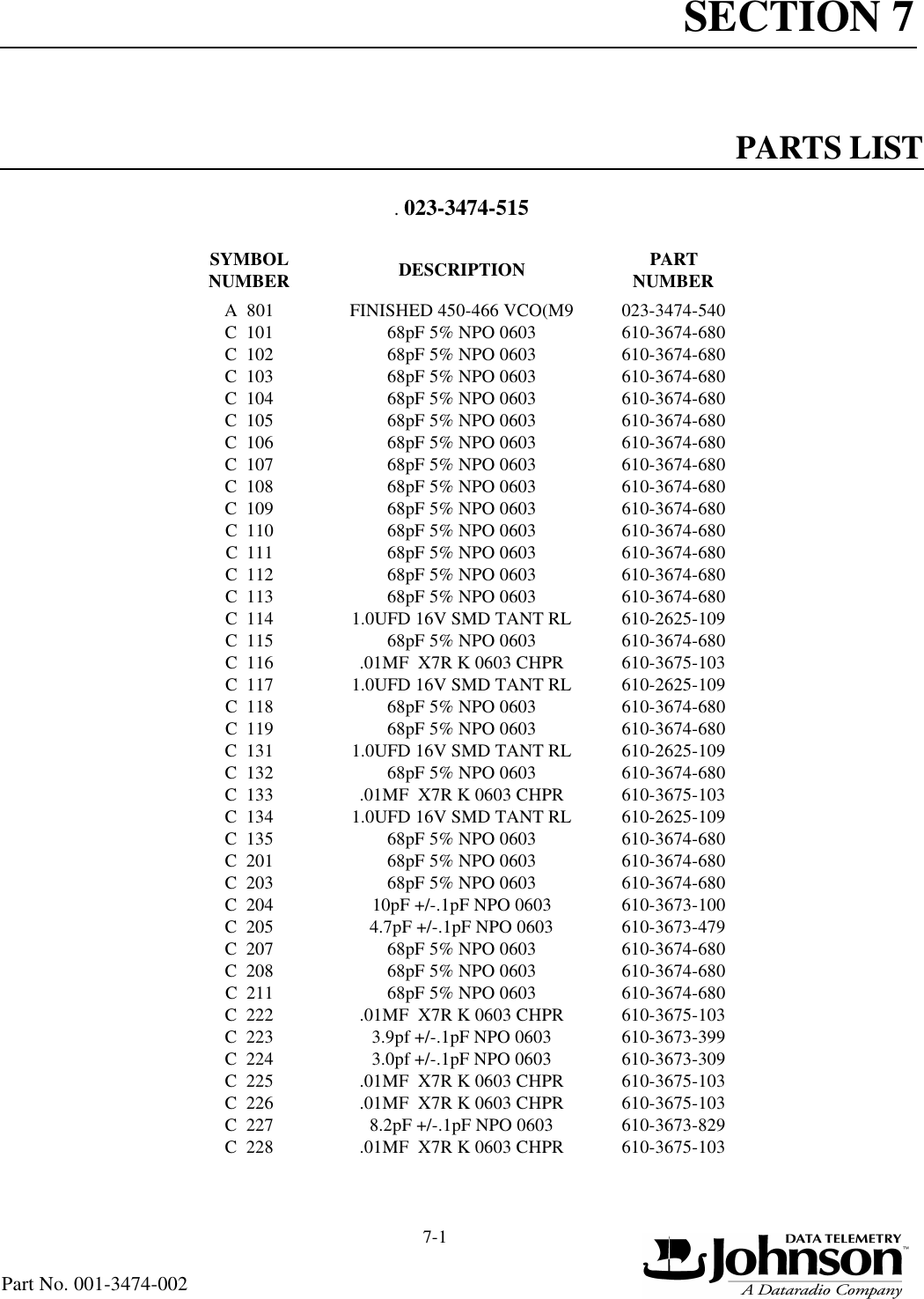 SECTION 77-1Part No. 001-3474-002PARTS LIST. 023-3474-515SYMBOL NUMBER   DESCRIPTION PART NUMBERA  801 FINISHED 450-466 VCO(M9 023-3474-540C  101 68pF 5% NPO 0603 610-3674-680C  102 68pF 5% NPO 0603 610-3674-680C  103 68pF 5% NPO 0603 610-3674-680C  104 68pF 5% NPO 0603 610-3674-680C  105 68pF 5% NPO 0603 610-3674-680C  106 68pF 5% NPO 0603 610-3674-680C  107 68pF 5% NPO 0603 610-3674-680C  108 68pF 5% NPO 0603 610-3674-680C  109 68pF 5% NPO 0603 610-3674-680C  110 68pF 5% NPO 0603 610-3674-680C  111 68pF 5% NPO 0603 610-3674-680C  112 68pF 5% NPO 0603 610-3674-680C  113 68pF 5% NPO 0603 610-3674-680C  114 1.0UFD 16V SMD TANT RL 610-2625-109C  115 68pF 5% NPO 0603 610-3674-680C  116 .01MF  X7R K 0603 CHPR 610-3675-103C  117 1.0UFD 16V SMD TANT RL 610-2625-109C  118 68pF 5% NPO 0603 610-3674-680C  119 68pF 5% NPO 0603 610-3674-680C  131 1.0UFD 16V SMD TANT RL 610-2625-109C  132 68pF 5% NPO 0603 610-3674-680C  133 .01MF  X7R K 0603 CHPR 610-3675-103C  134 1.0UFD 16V SMD TANT RL 610-2625-109C  135 68pF 5% NPO 0603 610-3674-680C  201 68pF 5% NPO 0603 610-3674-680C  203 68pF 5% NPO 0603 610-3674-680C  204 10pF +/-.1pF NPO 0603 610-3673-100C  205 4.7pF +/-.1pF NPO 0603 610-3673-479C  207 68pF 5% NPO 0603 610-3674-680C  208 68pF 5% NPO 0603 610-3674-680C  211 68pF 5% NPO 0603 610-3674-680C  222 .01MF  X7R K 0603 CHPR 610-3675-103C  223 3.9pf +/-.1pF NPO 0603 610-3673-399C  224 3.0pf +/-.1pF NPO 0603 610-3673-309C  225 .01MF  X7R K 0603 CHPR 610-3675-103C  226 .01MF  X7R K 0603 CHPR 610-3675-103C  227 8.2pF +/-.1pF NPO 0603 610-3673-829C  228 .01MF  X7R K 0603 CHPR 610-3675-103