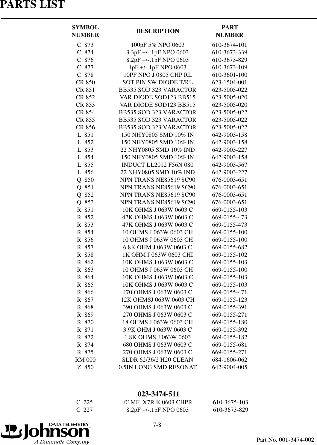 PARTS LIST7-8Part No. 001-3474-002C  873 100pF 5% NPO 0603 610-3674-101C  874 3.3pF +/-.1pF NPO 0603 610-3673-339C  876 8.2pF +/-.1pF NPO 0603 610-3673-829C  877 1pF +/-.1pF NPO 0603 610-3673-109C  878 10PF NPO J 0805 CHP RL 610-3601-100CR 850 SOT PIN SW DIODE T/RL 623-1504-001CR 851 BB535 SOD 323 VARACTOR 623-5005-022CR 852 VAR DIODE SOD123 BB515 623-5005-020CR 853 VAR DIODE SOD123 BB515 623-5005-020CR 854 BB535 SOD 323 VARACTOR 623-5005-022CR 855 BB535 SOD 323 VARACTOR 623-5005-022CR 856 BB535 SOD 323 VARACTOR 623-5005-022L  851 150 NHY0805 SMD 10% IN 642-9003-158L  852 150 NHY0805 SMD 10% IN 642-9003-158L  853 22 NHY0805 SMD 10% IND 642-9003-227L  854 150 NHY0805 SMD 10% IN 642-9003-158L  855 INDUCT LL2012 F56N 080 642-9003-567L  856 22 NHY0805 SMD 10% IND 642-9003-227Q  850 NPN TRANS NE85619 SC90 676-0003-651Q  851 NPN TRANS NE85619 SC90 676-0003-651Q  852 NPN TRANS NE85619 SC90 676-0003-651Q  853 NPN TRANS NE85619 SC90 676-0003-651R  851 10K OHMS J 063W 0603 C 669-0155-103R  852 47K OHMS J 063W 0603 C 669-0155-473R  853 47K OHMS J 063W 0603 C 669-0155-473R  854 10 OHMS J 063W 0603 CH 669-0155-100R  856 10 OHMS J 063W 0603 CH 669-0155-100R  857 6.8K OHM J 063W 0603 C 669-0155-682R  858 1K OHM J 063W 0603 CHI 669-0155-102R  862 10K OHMS J 063W 0603 C 669-0155-103R  863 10 OHMS J 063W 0603 CH 669-0155-100R  864 10K OHMS J 063W 0603 C 669-0155-103R  865 10K OHMS J 063W 0603 C 669-0155-103R  866 470 OHMS J 063W 0603 C 669-0155-471R  867 12K OHMSJ 063W 0603 CH 669-0155-123R  868 390 OHMS J 063W 0603 C 669-0155-391R  869 270 OHMS J 063W 0603 C 669-0155-271R  870 18 OHMS J 063W 0603 CH 669-0155-180R  871 3.9K OHM J 063W 0603 C 669-0155-392R  872 1.8K OHMS J 063W 0603 669-0155-182R  874 680 OHMS J 063W 0603 C 669-0155-681R  875 270 OHMS J 063W 0603 C 669-0155-271RM 000 SLDR 62/36/2 H20 CLEAN 684-1606-062Z  850 0.5IN LONG SMD RESONAT 642-9004-005 023-3474-511C  225 .01MF  X7R K 0603 CHPR 610-3675-103C  227 8.2pF +/-.1pF NPO 0603 610-3673-829SYMBOL NUMBER   DESCRIPTION PART NUMBER