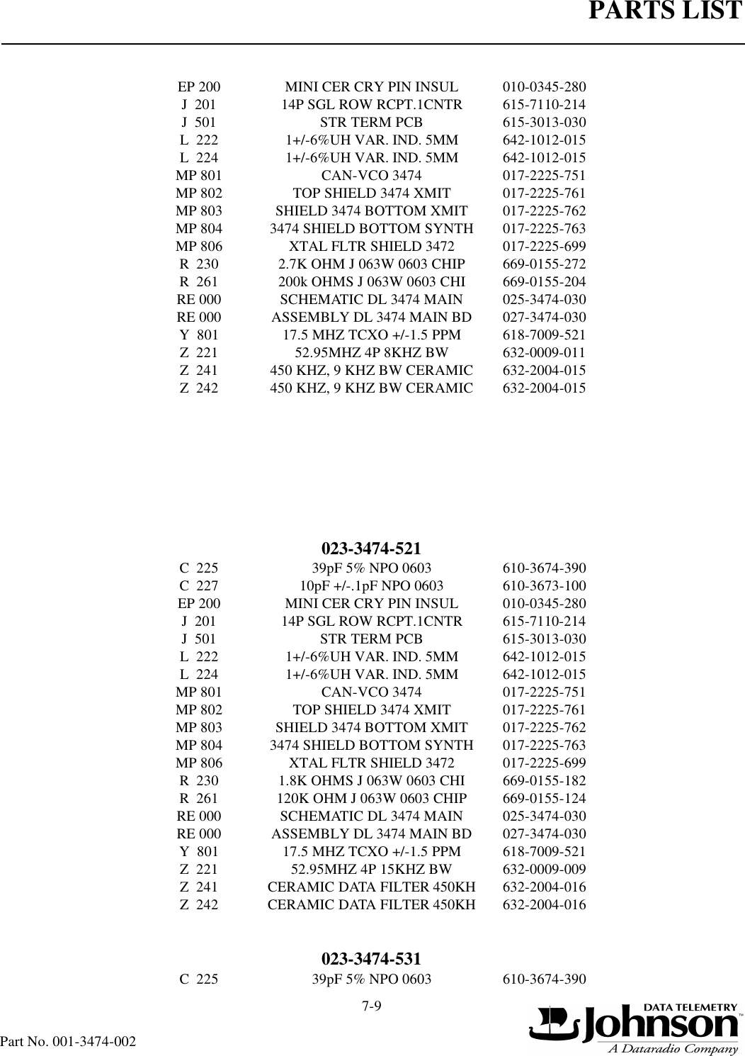 PARTS LIST7-9Part No. 001-3474-002EP 200 MINI CER CRY PIN INSUL 010-0345-280J  201 14P SGL ROW RCPT.1CNTR 615-7110-214J  501 STR TERM PCB 615-3013-030L  222 1+/-6%UH VAR. IND. 5MM 642-1012-015L  224 1+/-6%UH VAR. IND. 5MM 642-1012-015MP 801 CAN-VCO 3474 017-2225-751MP 802 TOP SHIELD 3474 XMIT 017-2225-761MP 803 SHIELD 3474 BOTTOM XMIT 017-2225-762MP 804 3474 SHIELD BOTTOM SYNTH 017-2225-763MP 806 XTAL FLTR SHIELD 3472 017-2225-699R  230 2.7K OHM J 063W 0603 CHIP 669-0155-272R  261 200k OHMS J 063W 0603 CHI 669-0155-204RE 000 SCHEMATIC DL 3474 MAIN 025-3474-030RE 000 ASSEMBLY DL 3474 MAIN BD 027-3474-030Y  801 17.5 MHZ TCXO +/-1.5 PPM 618-7009-521Z  221 52.95MHZ 4P 8KHZ BW 632-0009-011Z  241 450 KHZ, 9 KHZ BW CERAMIC 632-2004-015Z  242 450 KHZ, 9 KHZ BW CERAMIC 632-2004-015023-3474-521C  225 39pF 5% NPO 0603 610-3674-390C  227 10pF +/-.1pF NPO 0603 610-3673-100EP 200 MINI CER CRY PIN INSUL 010-0345-280J  201 14P SGL ROW RCPT.1CNTR 615-7110-214J  501 STR TERM PCB 615-3013-030L  222 1+/-6%UH VAR. IND. 5MM 642-1012-015L  224 1+/-6%UH VAR. IND. 5MM 642-1012-015MP 801 CAN-VCO 3474 017-2225-751MP 802 TOP SHIELD 3474 XMIT 017-2225-761MP 803 SHIELD 3474 BOTTOM XMIT 017-2225-762MP 804 3474 SHIELD BOTTOM SYNTH 017-2225-763MP 806 XTAL FLTR SHIELD 3472 017-2225-699R  230 1.8K OHMS J 063W 0603 CHI 669-0155-182R  261 120K OHM J 063W 0603 CHIP 669-0155-124RE 000 SCHEMATIC DL 3474 MAIN 025-3474-030RE 000 ASSEMBLY DL 3474 MAIN BD 027-3474-030Y  801 17.5 MHZ TCXO +/-1.5 PPM 618-7009-521Z  221 52.95MHZ 4P 15KHZ BW 632-0009-009Z  241 CERAMIC DATA FILTER 450KH 632-2004-016Z  242 CERAMIC DATA FILTER 450KH 632-2004-016 023-3474-531C  225 39pF 5% NPO 0603 610-3674-390