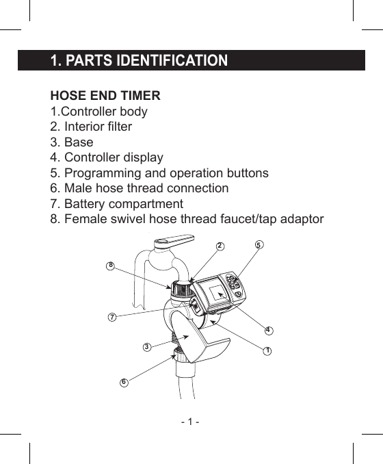 - 1 - HOSE END TIMER 1.Controller body2. Interior lter3. Base4. Controller display5. Programming and operation buttons6. Male hose thread connection7. Battery compartment8. Female swivel hose thread faucet/tap adaptor1. PARTS IDENTIFICATION2 5416378