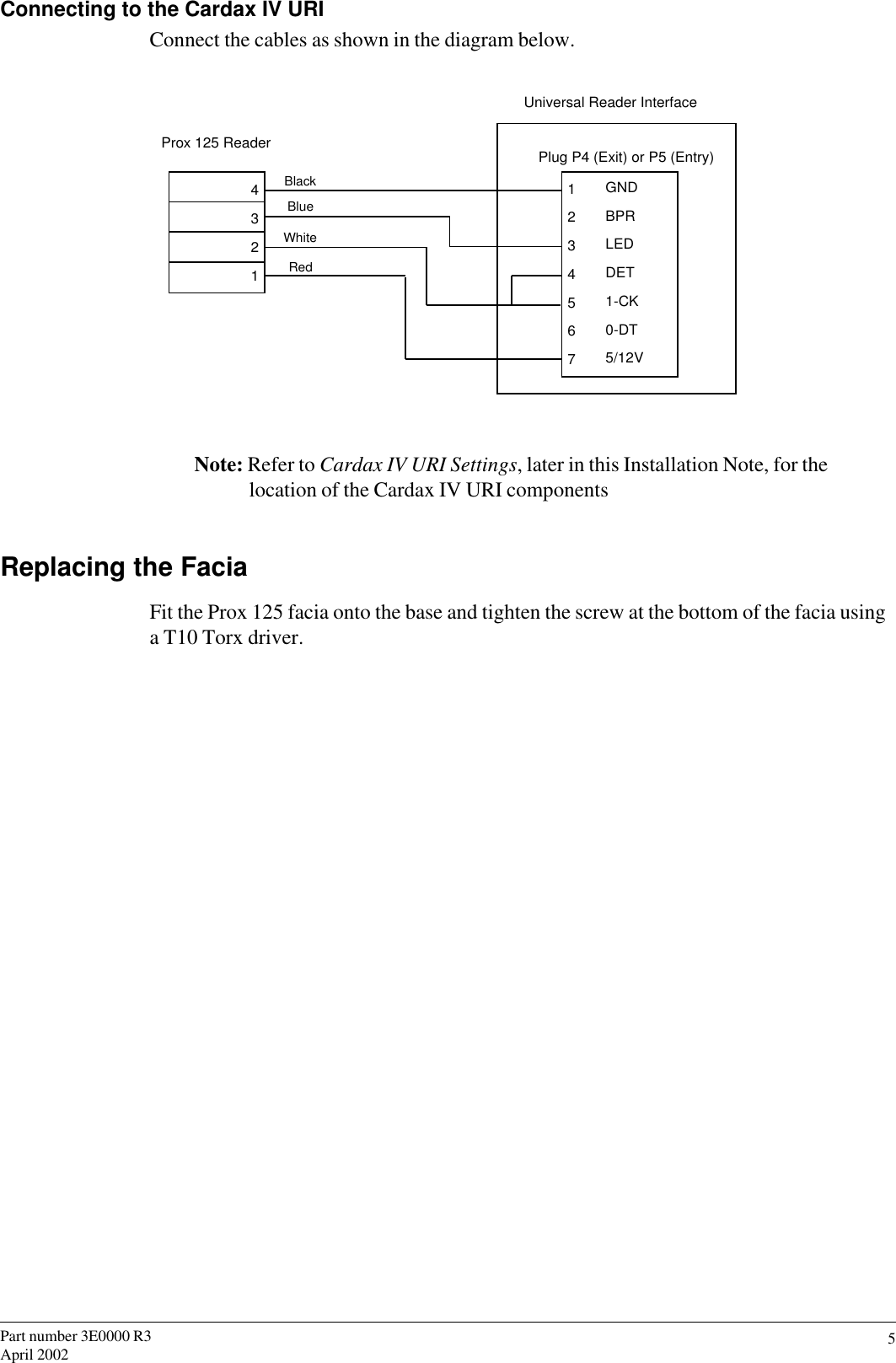 5Part number 3E0000 R3April 2002Connecting to the Cardax IV URIConnect the cables as shown in the diagram below.Prox 125 Reader43211234567GNDBPRLEDDET1-CK0-DT5/12VPlug P4 (Exit) or P5 (Entry)Universal Reader InterfaceRedWhiteBlueBlackNote: Refer to Cardax IV URI Settings, later in this Installation Note, for thelocation of the Cardax IV URI componentsReplacing the FaciaFit the Prox 125 facia onto the base and tighten the screw at the bottom of the facia usinga T10 Torx driver.