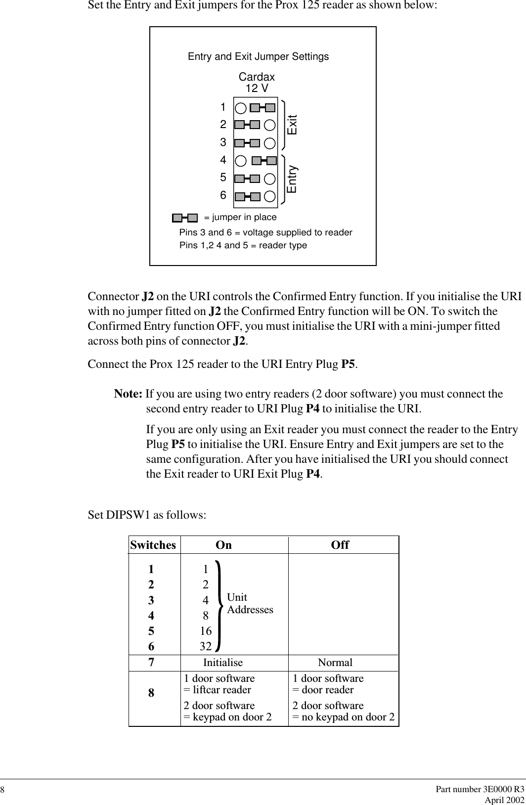 Part number 3E0000 R3April 20028Set the Entry and Exit jumpers for the Prox 125 reader as shown below:Entry and Exit Jumper SettingsCardax12 V123456= jumper in placePins 3 and 6 = voltage supplied to readerPins 1,2 4 and 5 = reader typeExitEntryConnector J2 on the URI controls the Confirmed Entry function. If you initialise the URIwith no jumper fitted on J2 the Confirmed Entry function will be ON. To switch theConfirmed Entry function OFF, you must initialise the URI with a mini-jumper fittedacross both pins of connector J2.Connect the Prox 125 reader to the URI Entry Plug P5.Note: If you are using two entry readers (2 door software) you must connect thesecond entry reader to URI Plug P4 to initialise the URI.If you are only using an Exit reader you must connect the reader to the EntryPlug P5 to initialise the URI. Ensure Entry and Exit jumpers are set to thesame configuration. After you have initialised the URI you should connectthe Exit reader to URI Exit Plug P4.Set DIPSW1 as follows:Switches On Off1234567812481632UnitAddressesInitialise Normal2 door software= keypad on door 21 door software= liftcar reader2 door software= no keypad on door 21 door software= door reader