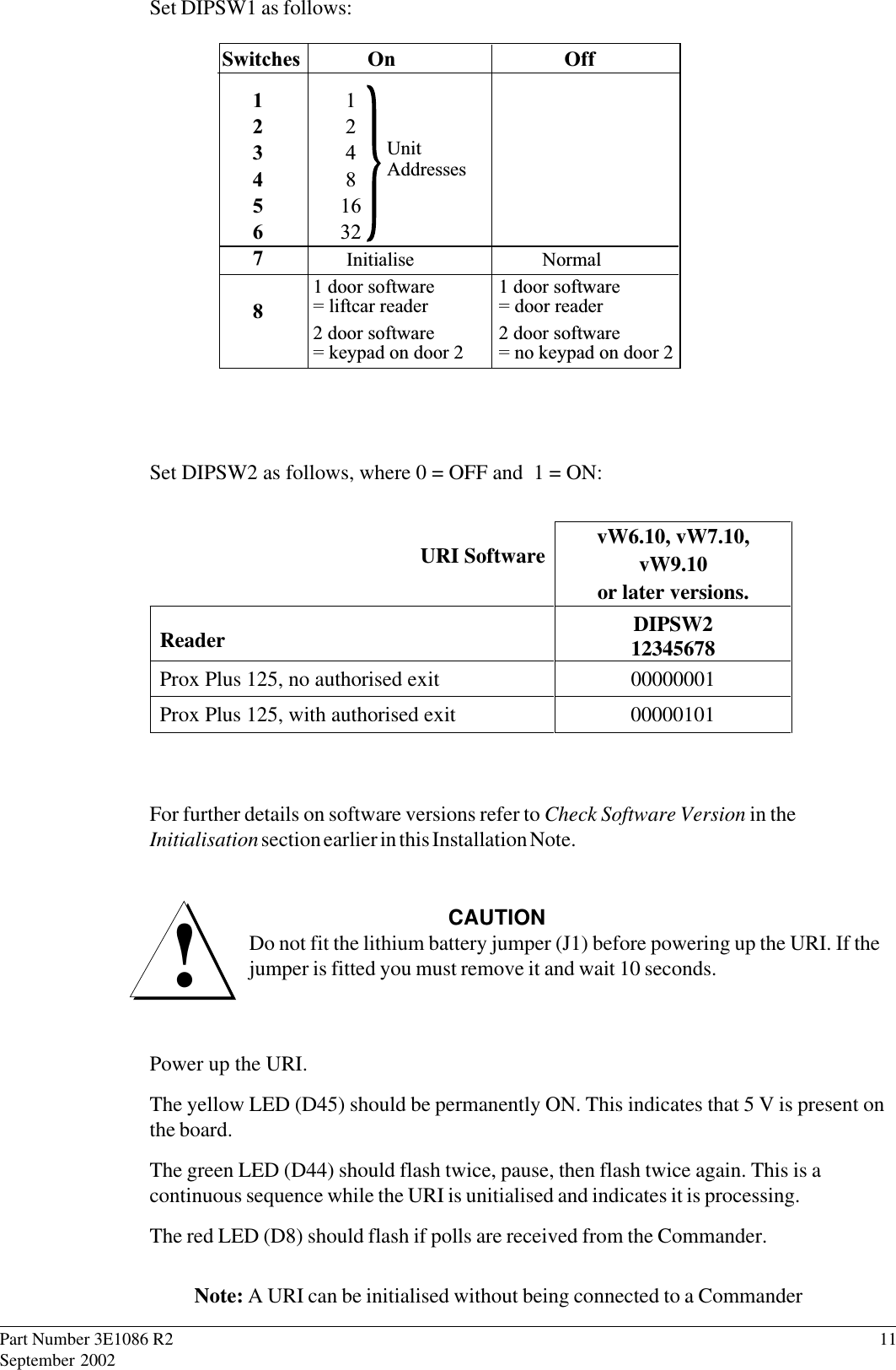 Part Number 3E1086 R2                11September 2002Set DIPSW1 as follows:Switches On Off1234567812481632UnitAddressesInitialise Normal2 door software= keypad on door 21 door software= liftcar reader2 door software= no keypad on door 21 door software= door readerSet DIPSW2 as follows, where 0 = OFF and  1 = ON:URI Software vW6.10, vW7.10,vW9.10or later versions.Reader DIPSW212345678Prox Plus 125, no authorised exit 00000001Prox Plus 125, with authorised exit 00000101For further details on software versions refer to Check Software Version in theInitialisation section earlier in this Installation Note.CAUTIONDo not fit the lithium battery jumper (J1) before powering up the URI. If thejumper is fitted you must remove it and wait 10 seconds.Power up the URI.The yellow LED (D45) should be permanently ON. This indicates that 5 V is present onthe board.The green LED (D44) should flash twice, pause, then flash twice again. This is acontinuous sequence while the URI is unitialised and indicates it is processing.The red LED (D8) should flash if polls are received from the Commander.Note: A URI can be initialised without being connected to a Commander!