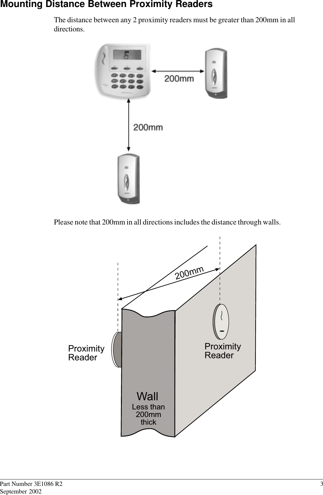 Part Number 3E1086 R2                3September 2002Mounting Distance Between Proximity ReadersThe distance between any 2 proximity readers must be greater than 200mm in alldirections.Please note that 200mm in all directions includes the distance through walls.WallProximityReaderProximityReader200mmLess than200mmthick