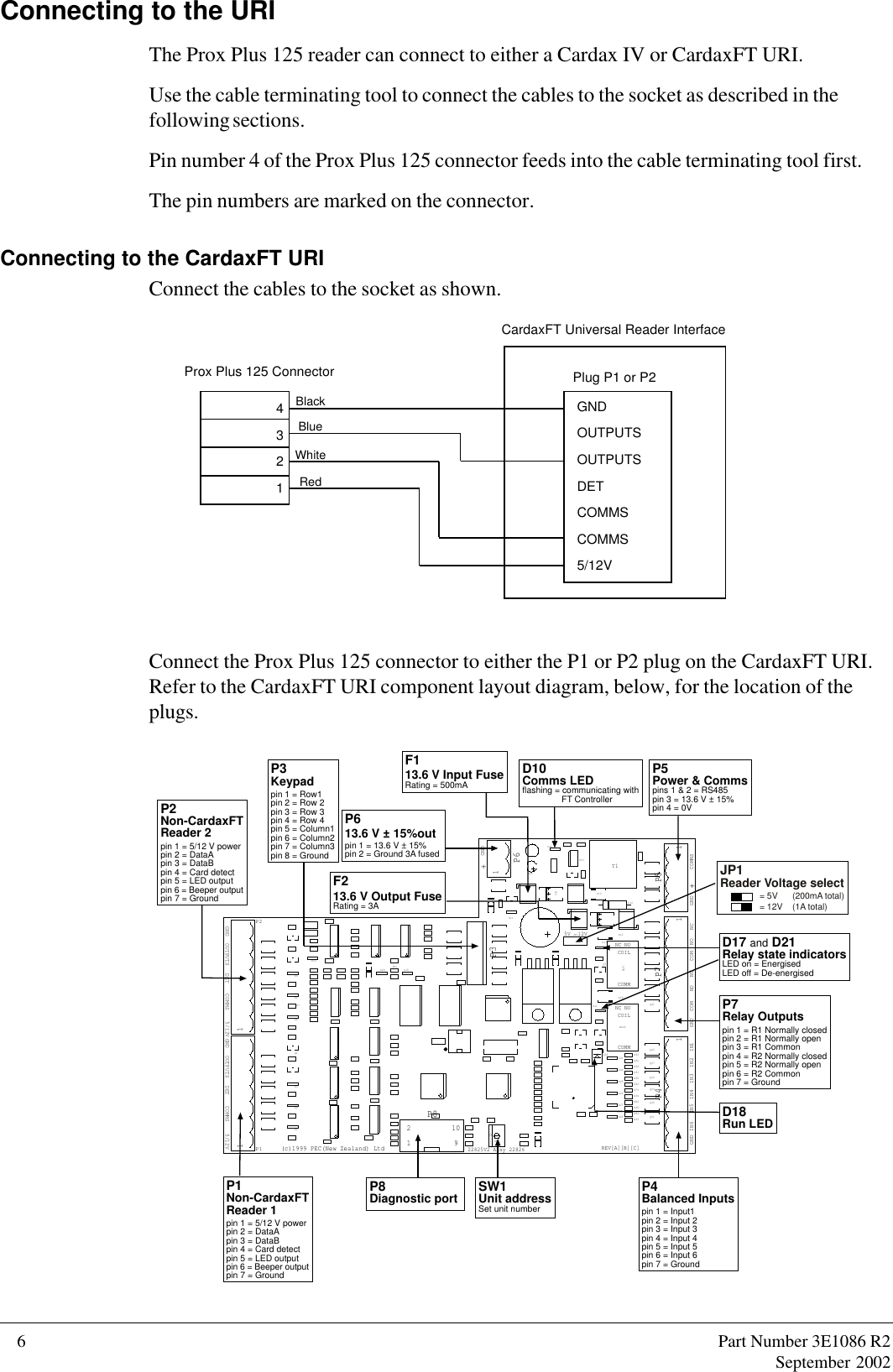 6      Part Number 3E1086 R2September 2002Connecting to the URIThe Prox Plus 125 reader can connect to either a Cardax IV or CardaxFT URI.Use the cable terminating tool to connect the cables to the socket as described in thefollowing sections.Pin number 4 of the Prox Plus 125 connector feeds into the cable terminating tool first.The pin numbers are marked on the connector.Connecting to the CardaxFT URIConnect the cables to the socket as shown.     Prox Plus 125 Connector4321GNDOUTPUTSOUTPUTSDETCOMMSCOMMS5/12VPlug P1 or P2CardaxFT Universal Reader InterfaceRedWhiteBlueBlackConnect the Prox Plus 125 connector to either the P1 or P2 plug on the CardaxFT URI.Refer to the CardaxFT URI component layout diagram, below, for the location of theplugs.                             1Q31D18U19T1R7R50R55R52R51R53R54JP2D13C30D23D24D1D2D3D4D6D5D11D10D25D20D19D17D15Q7Q2P3D12D16D14Q30Q2992101P8JP10SW1EQ261P71Q271P6COMMNC NOCOILRLY2COMMNC NOCOILRLY1D28D27D26R80R79R95R96R81R94D21Q28D221P4Q411P5(c)1999 PEC(New Zealand) LtdREV[A][B][C]22825V2 Assy 228265V 12V++GNDGNDIN6 IN5 IN4OUTPUTSOUTPUTS 5/12V5/12V DETDET COMMSCOMMS GNDGNDCOM COMNO NONC NCGND GNDIN3 IN2 IN1 COMMSP4Balanced Inputspin 1 = Input1pin 2 = Input 2pin 3 = Input 3pin 4 = Input 4pin 5 = Input 5pin 6 = Input 6pin 7 = GroundP7Relay Outputspin 1 = R1 Normally closedpin 2 = R1 Normally openpin 3 = R1 Commonpin 4 = R2 Normally closedpin 5 = R2 Normally openpin 6 = R2 Commonpin 7 = GroundP5Power &amp; Commspins 1 &amp; 2 = RS485pin 3 = 13.6 V ± 15%pin 4 = 0VSW1Unit addressSet unit numberP8Diagnostic portP613.6 V ± 15%outpin 1 = 13.6 V ± 15%pin 2 = Ground 3A fusedP3Keypadpin 1 = Row1pin 2 = Row 2pin 3 = Row 3pin 4 = Row 4pin 5 = Column1pin 6 = Column2pin 7 = Column3pin 8 = GroundP2Non-CardaxFTReader 2pin 1 = 5/12 V powerpin 2 = DataApin 3 = DataBpin 4 = Card detectpin 5 = LED outputpin 6 = Beeper outputpin 7 = GroundP1Non-CardaxFTReader 1pin 1 = 5/12 V powerpin 2 = DataApin 3 = DataBpin 4 = Card detectpin 5 = LED outputpin 6 = Beeper outputpin 7 = GroundF113.6 V Input FuseRating = 500mAF213.6 V Output FuseRating = 3AD17 and D21Relay state indicatorsLED on = EnergisedLED off = De-energisedD18Run LEDD10Comms LEDflashing = communicating withFT ControllerJP1Reader Voltage select= 5V      (200mA total)= 12V    (1A total)P1P2