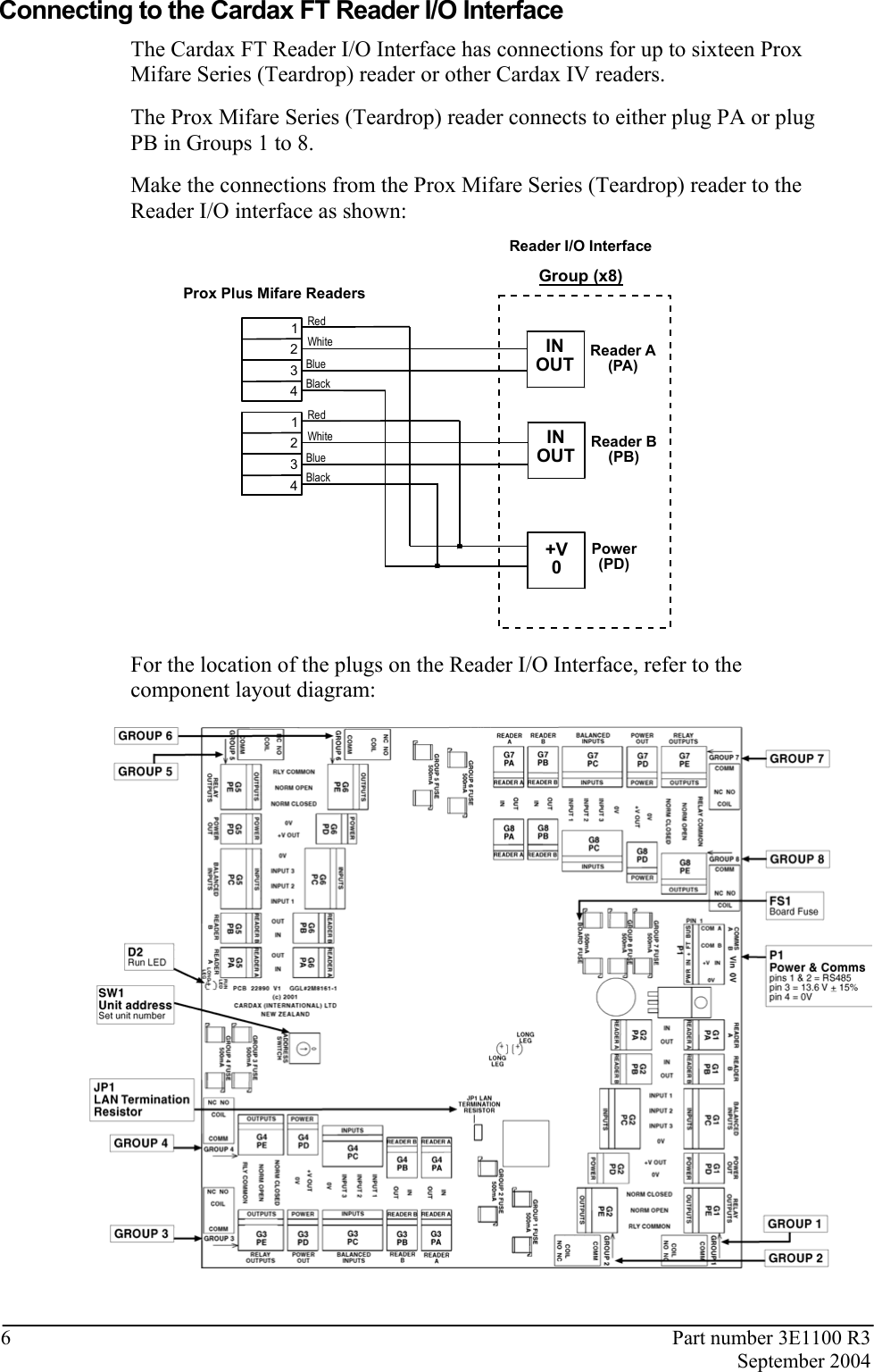 6  Part number 3E1100 R3  September 2004  Connecting to the Cardax FT Reader I/O Interface The Cardax FT Reader I/O Interface has connections for up to sixteen Prox Mifare Series (Teardrop) reader or other Cardax IV readers. The Prox Mifare Series (Teardrop) reader connects to either plug PA or plug PB in Groups 1 to 8. Make the connections from the Prox Mifare Series (Teardrop) reader to the Reader I/O interface as shown: Prox Plus Mifare ReadersReader I/O Interface4321RedWhiteBlueBlackReader A(PA)INOUTPower(PD)+V0Group (x8)4321RedWhiteBlueBlackReader B(PB)INOUT For the location of the plugs on the Reader I/O Interface, refer to the component layout diagram:   