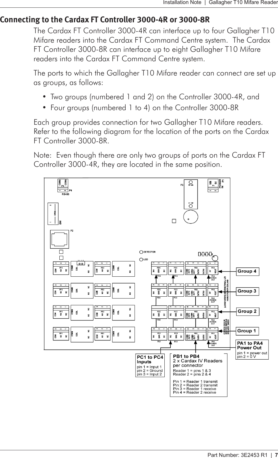 Part Number: 3E2453 R1  |  7   Installation Note  |  Gallagher T10 Mifare ReaderConnecting to the Cardax FT Controller 3000-4R or 3000-8RThe Cardax FT Controller 3000-4R can interface up to four Gallagher T10 Mifare readers into the Cardax FT Command Centre system.  The Cardax FT Controller 3000-8R can interface up to eight Gallagher T10 Mifare readers into the Cardax FT Command Centre system.The ports to which the Gallagher T10 Mifare reader can connect are set up as groups, as follows:Two groups (numbered 1 and 2) on the Controller 3000-4R, and•Four groups (numbered 1 to 4) on the Controller 3000-8R•Each group provides connection for two Gallagher T10 Mifare readers.  Refer to the following diagram for the location of the ports on the Cardax FT Controller 3000-8R.Note:  Even though there are only two groups of ports on the Cardax FT Controller 3000-4R, they are located in the same position. 