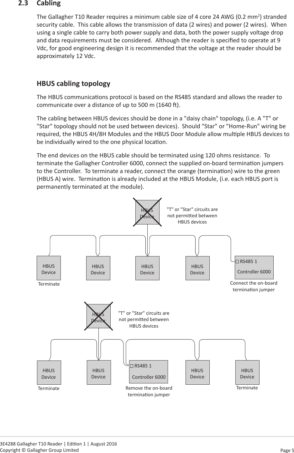 Page  5   3E4288 Gallagher T10 Reader | Edion 1 | August 2016 Copyright © Gallagher Group Limited2.3 CablingThe Gallagher T10 Reader requires a minimum cable size of 4 core 24 AWG (0.2 mm2) stranded security cable.  This cable allows the transmission of data (2 wires) and power (2 wires).  When using a single cable to carry both power supply and data, both the power supply voltage drop and data requirements must be considered.  Although the reader is specied to operate at 9 Vdc, for good engineering design it is recommended that the voltage at the reader should be approximately 12 Vdc. HBUScablingtopologyThe HBUS communicaons protocol is based on the RS485 standard and allows the reader to communicate over a distance of up to 500 m (1640 ).The cabling between HBUS devices should be done in a &quot;daisy chain&quot; topology, (i.e. A &quot;T&quot; or &quot;Star&quot; topology should not be used between devices).  Should &quot;Star&quot; or &quot;Home-Run&quot; wiring be required, the HBUS 4H/8H Modules and the HBUS Door Module allow mulple HBUS devices to be individually wired to the one physical locaon.The end devices on the HBUS cable should be terminated using 120 ohms resistance.  To terminate the Gallagher Controller 6000, connect the supplied on-board terminaon jumpers to the Controller.  To terminate a reader, connect the orange (terminaon) wire to the green (HBUS A) wire.  Terminaon is already included at the HBUS Module, (i.e. each HBUS port is permanently terminated at the module).Connect the on-board terminaon jumperController 6000RS485 1HBUS Device&quot;T&quot; or &quot;Star&quot; circuits are not permied between HBUS devicesHBUS DeviceTerminateHBUS DeviceHBUS DeviceHBUS DeviceHBUS DeviceHBUS DeviceHBUS DeviceTerminateRemove the on-board terminaon jumperRS485 1&quot;T&quot; or &quot;Star&quot; circuits are not permied between HBUS devicesHBUS DeviceTerminateHBUS Device Controller 6000