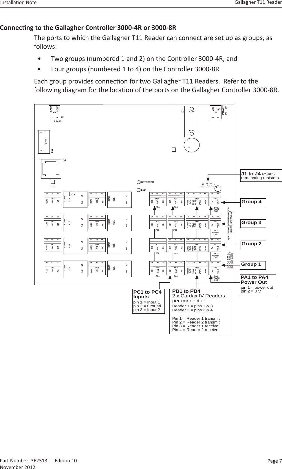 Page  7   Gallagher T11 ReaderInstalla on Note  Part Number: 3E2513  |  Edi on 10November 2012ConnecƟ ng to the Gallagher Controller 3000-4R or 3000-8RThe ports to which the Gallagher T11 Reader can connect are set up as groups, as follows:•  Two groups (numbered 1 and 2) on the Controller 3000-4R, and•  Four groups (numbered 1 to 4) on the Controller 3000-8REach group provides connec on for two Gallagher T11 Readers.  Refer to the following diagram for the loca on of the ports on the Gallagher Controller 3000-8R.81OPENCOMMNCNOCOILCOMMNCNOCOILCOMMNCNOCOILCOMMNCNOCOILCOMMNCNOCOILCOMMNCNOCOILCOMMNCNOCOILCOMMNCNOCOIL   96 51P4HAMILTON, NEW ZEALANDGGL ASSY  2A0203GGL PCB 2M8170-0CDX PCB 22920 V0 (c)2002 CARDAX (INTERNATIONAL) LTDP3 P1COMAP2SWP4PF4PF3PF2PE4PE3PE2COM COM COMCOMNO NO NO NONC NC NC NCCOM COMCOM COMNO NO NO NONC NC NC NCPF1 PE1P10VVINCOMB2312312312312312312312312112DETECTORLEDRS485POWERINJ4J3J2J10V 0V 0V 0VVOUT VOUT VOUT VOUTPA4PA3PA2PA121212121PA4POWEROUTPA3POWEROUTPA2POWEROUTPA1POWEROUTCOMBOUT2COMAOUT1DATA1 DATA1 DATA1 DATA1DATA0 DATA0 DATA0 DATA0PB4PB3PB2PB12314231423142314COMAOUT1 COMAOUT1 COMAOUT1COMBOUT2 COMBOUT2 COMBOUT2231IN2 IN2 IN2 IN2GNDIN1 IN1 IN1 IN1PC4PC3PC2PC1231231231GND GND GNDIN4 IN4 IN4 IN4GNDIN1 IN1 IN1 IN1PD4PD3PD2PD1231231231GNDGND GNDPC1PC2PC3PC4PD4PD3PD2PD1PA1 to PA4Power Outpin 1 = power outpin 2 = 0 VGroup 4 Group 3 Group 2 Group 1 PB1 to PB42 x Cardax IV Readersper connectorReader 1 = pins 1 &amp; 3Reader 2 = pins 2 &amp; 4Pin 1 = Reader 1 transmitPin 2 = Reader 2 transmitPin 3 = Reader 1 receivePin 4 = Reader 2 receiveJ1 to J4 RS485terminating resistorsPC1 to PC4Inputspin 1 = Input 1pin 2 = Groundpin 3 = Input 2