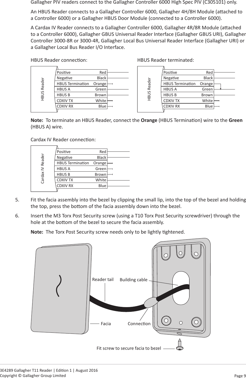 Page  9   3E4289 Gallagher T11 Reader | Edion 1 | August 2016 Copyright © Gallagher Group LimitedGallagher PIV readers connect to the Gallagher Controller 6000 High Spec PIV (C305101) only.An HBUS Reader connects to a Gallagher Controller 6000, Gallagher 4H/8H Module (aached to a Controller 6000) or a Gallagher HBUS Door Module (connected to a Controller 6000).A Cardax IV Reader connects to a Gallagher Controller 6000, Gallagher 4R/8R Module (aached to a Controller 6000), Gallagher GBUS Universal Reader Interface (Gallagher GBUS URI), Gallagher Controller 3000-8R or 3000-4R, Gallagher Local Bus Universal Reader Interface (Gallagher URI) or a Gallagher Local Bus Reader I/O Interface.HBUS Reader connecon:      HBUS Reader terminated:Posive RedNegave BlackHBUS Terminaon OrangeHBUS A GreenHBUS B BrownCDXIV TX WhiteCDXIV RX BlueHBUS Reader Posive RedNegave BlackHBUS Terminaon OrangeHBUS A GreenHBUS B BrownCDXIV TX WhiteCDXIV RX BlueHBUS ReaderNote:  To terminate an HBUS Reader, connect the Orange (HBUS Terminaon) wire to the Green (HBUS A) wire.   Cardax IV Reader connecon:Posive RedNegave BlackHBUS Terminaon OrangeHBUS A GreenHBUS B BrownCDXIV TX WhiteCDXIV RX BlueCardax IV Reader5.  Fit the facia assembly into the bezel by clipping the small lip, into the top of the bezel and holding the top, press the boom of the facia assembly down into the bezel.6.  Insert the M3 Torx Post Security screw (using a T10 Torx Post Security screwdriver) through the hole at the boom of the bezel to secure the facia assembly.  Note:  The Torx Post Security screw needs only to be lightly ghtened.ConneconReader tail Building cableFit screw to secure facia to bezelFacia