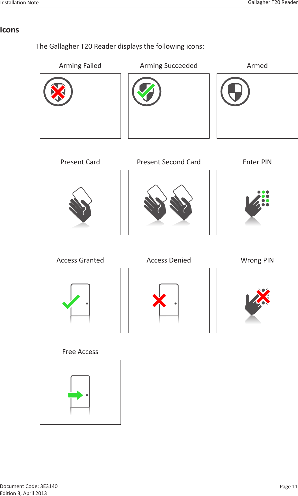 Page  11   Gallagher T20 ReaderInstallaon Note  Document Code: 3E3140 Edion 3, April 2013IconsThe Gallagher T20 Reader displays the following icons:Arming Failed Arming Succeeded ArmedPresent Card Present Second Card Enter PINAccess Granted Access Denied Wrong PINFree Access