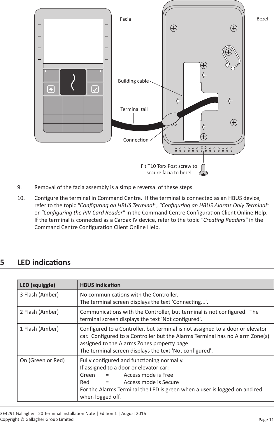 Page  11   3E4291 Gallagher T20 Terminal Installaon Note | Edion 1 | August 2016 Copyright © Gallagher Group LimitedFaciaFit T10 Torx Post screw to secure facia to bezelBuilding cableTerminal tailConneconBezel9.  Removal of the facia assembly is a simple reversal of these steps.10.  Congure the terminal in Command Centre.  If the terminal is connected as an HBUS device, refer to the topic &quot;Conguring an HBUS Terminal&quot;, &quot;Conguring an HBUS Alarms Only Terminal&quot; or &quot;Conguring the PIV Card Reader&quot; in the Command Centre Conguraon Client Online Help.  If the terminal is connected as a Cardax IV device, refer to the topic &quot;Creang Readers&quot; in the Command Centre Conguraon Client Online Help.5 LEDindicaonsLED (squiggle) HBUSindicaon3 Flash (Amber) No communicaons with the Controller.   The terminal screen displays the text &apos;Connecng...&apos;.2 Flash (Amber) Communicaons with the Controller, but terminal is not congured.  The terminal screen displays the text &apos;Not congured&apos;.1 Flash (Amber)  Congured to a Controller, but terminal is not assigned to a door or elevator car.  Congured to a Controller but the Alarms Terminal has no Alarm Zone(s) assigned to the Alarms Zones property page.   The terminal screen displays the text &apos;Not congured&apos;.On (Green or Red) Fully congured and funconing normally.If assigned to a door or elevator car: Green  =  Access mode is Free Red  =  Access mode is SecureFor the Alarms Terminal the LED is green when a user is logged on and red when logged o.
