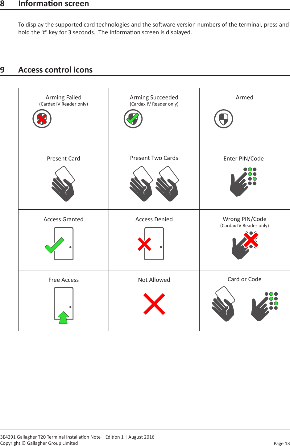 Page  13   3E4291 Gallagher T20 Terminal Installaon Note | Edion 1 | August 2016 Copyright © Gallagher Group Limited8 InformaonscreenTo display the supported card technologies and the soware version numbers of the terminal, press and hold the &apos;#&apos; key for 3 seconds.  The Informaon screen is displayed.9  Access control iconsArming Failed (Cardax IV Reader only)Arming Succeeded (Cardax IV Reader only)ArmedPresent Card Present Two Cards Enter PIN/CodeAccess Granted Access Denied Wrong PIN/Code (Cardax IV Reader only)Free Access Not Allowed Card or Code