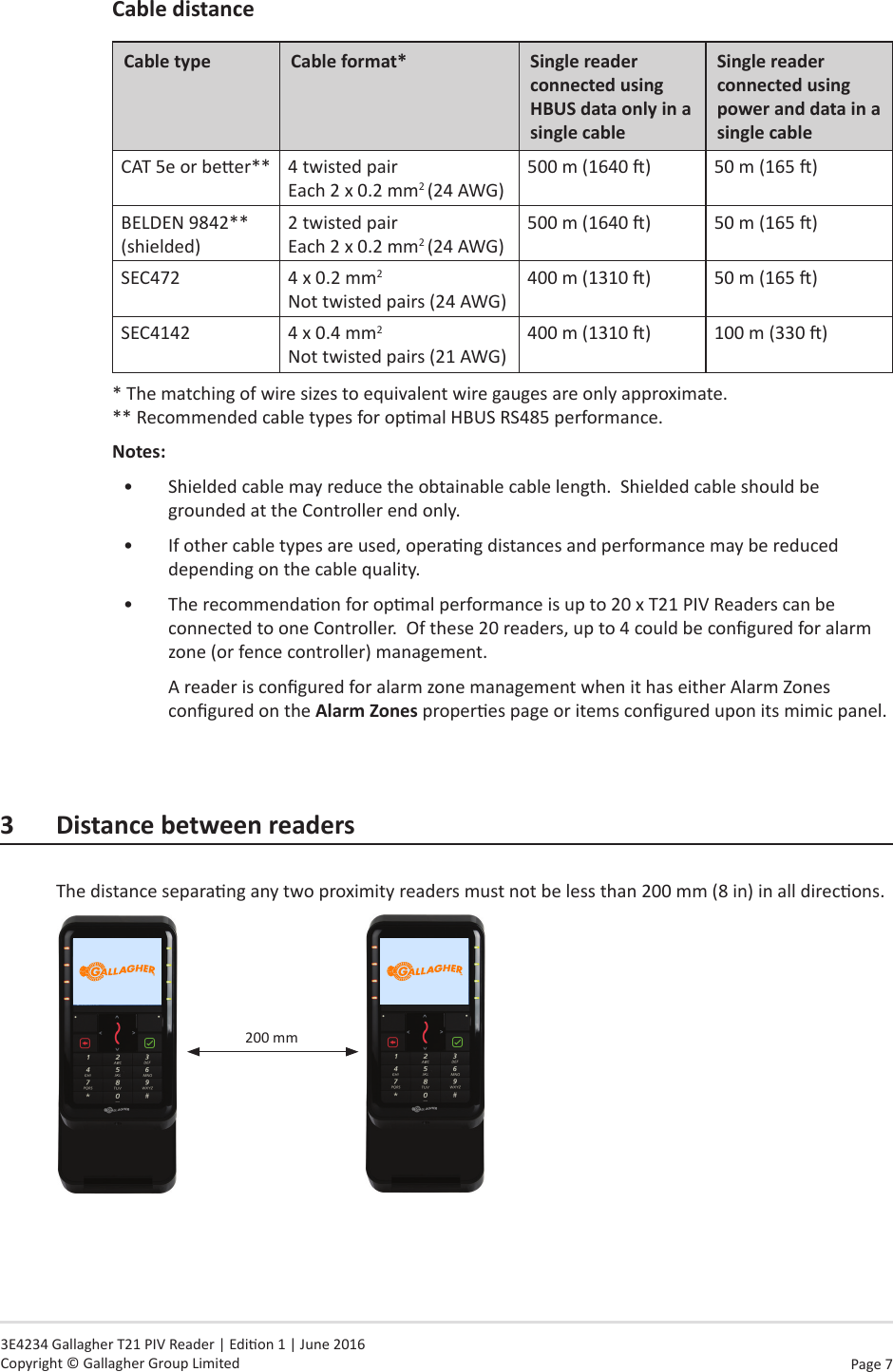 Page  7   3E4234 Gallagher T21 PIV Reader | Edion 1 | June 2016 Copyright © Gallagher Group LimitedCable distanceCable type Cable format* Single reader connected using HBUS data only in a single cableSingle reader connected using  power and data in a single cableCAT 5e or beer** 4 twisted pair Each 2 x 0.2 mm2 (24 AWG)500 m (1640 ) 50 m (165 )BELDEN 9842** (shielded)2 twisted pair Each 2 x 0.2 mm2 (24 AWG)500 m (1640 ) 50 m (165 )SEC472 4 x 0.2 mm2 Not twisted pairs (24 AWG)400 m (1310 ) 50 m (165 )SEC4142 4 x 0.4 mm2 Not twisted pairs (21 AWG)400 m (1310 ) 100 m (330 )* The matching of wire sizes to equivalent wire gauges are only approximate. ** Recommended cable types for opmal HBUS RS485 performance.Notes:•  Shielded cable may reduce the obtainable cable length.  Shielded cable should be grounded at the Controller end only.  •  If other cable types are used, operang distances and performance may be reduced depending on the cable quality.•  The recommendaon for opmal performance is up to 20 x T21 PIV Readers can be connected to one Controller.  Of these 20 readers, up to 4 could be congured for alarm zone (or fence controller) management.A reader is congured for alarm zone management when it has either Alarm Zones congured on the Alarm Zones properes page or items congured upon its mimic panel.3  Distance between readersThe distance separang any two proximity readers must not be less than 200 mm (8 in) in all direcons.200 mm