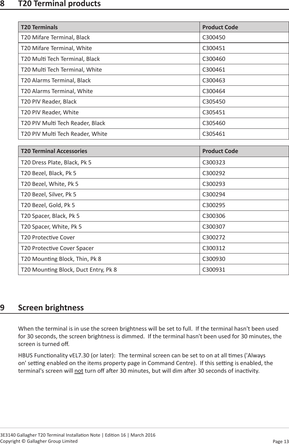 Page  13   3E3140 Gallagher T20 Terminal Installaon Note | Edion 16 | March 2016 Copyright © Gallagher Group Limited8  T20 Terminal productsT20 Terminals Product CodeT20 Mifare Terminal, Black C300450T20 Mifare Terminal, White C300451T20 Mul Tech Terminal, Black C300460T20 Mul Tech Terminal, White C300461T20 Alarms Terminal, Black C300463T20 Alarms Terminal, White C300464T20 PIV Reader, Black C305450T20 PIV Reader, White C305451T20 PIV Mul Tech Reader, Black C305460T20 PIV Mul Tech Reader, White C305461T20 Terminal Accessories Product CodeT20 Dress Plate, Black, Pk 5 C300323T20 Bezel, Black, Pk 5 C300292T20 Bezel, White, Pk 5 C300293T20 Bezel, Silver, Pk 5 C300294T20 Bezel, Gold, Pk 5 C300295T20 Spacer, Black, Pk 5 C300306T20 Spacer, White, Pk 5 C300307T20 Protecve Cover C300272T20 Protecve Cover Spacer C300312T20 Mounng Block, Thin, Pk 8 C300930T20 Mounng Block, Duct Entry, Pk 8 C3009319  Screen brightnessWhen the terminal is in use the screen brightness will be set to full.  If the terminal hasn&apos;t been used for 30 seconds, the screen brightness is dimmed.  If the terminal hasn&apos;t been used for 30 minutes, the screen is turned o.HBUS Funconality vEL7.30 (or later):  The terminal screen can be set to on at all mes (&apos;Always on&apos; seng enabled on the items property page in Command Centre).  If this seng is enabled, the terminal&apos;s screen will not turn o aer 30 minutes, but will dim aer 30 seconds of inacvity.