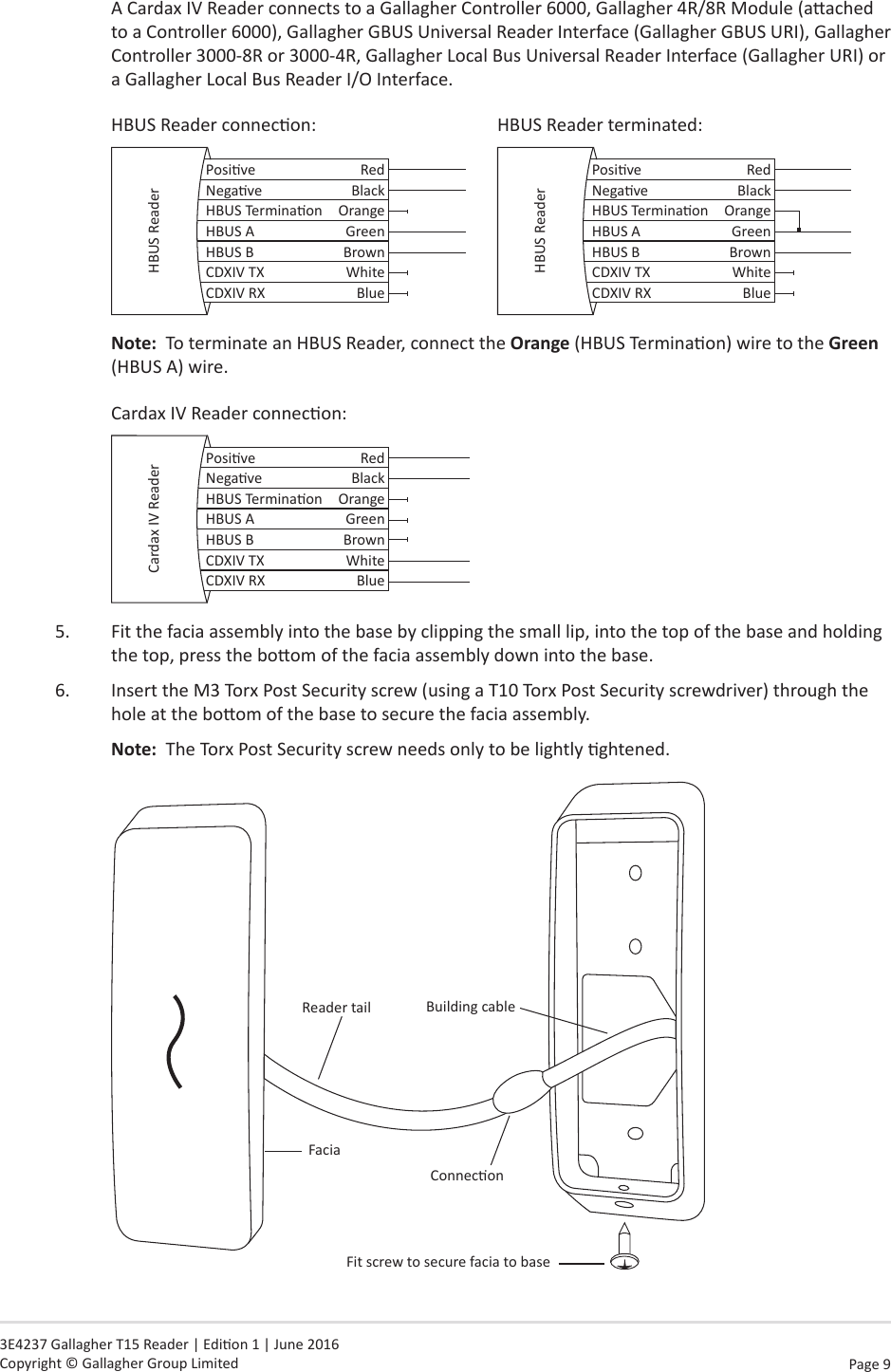 Page  9   3E4237 Gallagher T15 Reader | Edion 1 | June 2016 Copyright © Gallagher Group LimitedA Cardax IV Reader connects to a Gallagher Controller 6000, Gallagher 4R/8R Module (aached to a Controller 6000), Gallagher GBUS Universal Reader Interface (Gallagher GBUS URI), Gallagher Controller 3000-8R or 3000-4R, Gallagher Local Bus Universal Reader Interface (Gallagher URI) or a Gallagher Local Bus Reader I/O Interface.HBUS Reader connecon:      HBUS Reader terminated:Posive RedNegave BlackHBUS Terminaon OrangeHBUS A GreenHBUS B BrownCDXIV TX WhiteCDXIV RX BlueHBUS Reader Posive RedNegave BlackHBUS Terminaon OrangeHBUS A GreenHBUS B BrownCDXIV TX WhiteCDXIV RX BlueHBUS ReaderNote:  To terminate an HBUS Reader, connect the Orange (HBUS Terminaon) wire to the Green (HBUS A) wire.   Cardax IV Reader connecon:Posive RedNegave BlackHBUS Terminaon OrangeHBUS A GreenHBUS B BrownCDXIV TX WhiteCDXIV RX BlueCardax IV Reader5.  Fit the facia assembly into the base by clipping the small lip, into the top of the base and holding the top, press the boom of the facia assembly down into the base.6.  Insert the M3 Torx Post Security screw (using a T10 Torx Post Security screwdriver) through the hole at the boom of the base to secure the facia assembly.  Note:  The Torx Post Security screw needs only to be lightly ghtened.Building cableFaciaReader tailConneconFit screw to secure facia to base