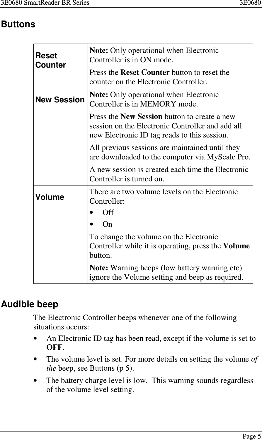 3E0680 SmartReader BR Series 3E0680Page 5ButtonsResetCounterNote: Only operational when ElectronicController is in ON mode.Press the Reset Counter button to reset thecounter on the Electronic Controller.New Session Note: Only operational when ElectronicController is in MEMORY mode.Press the New Session button to create a newsession on the Electronic Controller and add allnew Electronic ID tag reads to this session.All previous sessions are maintained until theyare downloaded to the computer via MyScale Pro.A new session is created each time the ElectronicController is turned on.Volume Therearetwovolumelevels on the ElectronicController:•Off•OnTo change the volume on the ElectronicController while it is operating, press the Volumebutton.Note: Warning beeps (low battery warning etc)ignore the Volume setting and beep as required.Audible beepThe Electronic Controller beeps whenever one of the followingsituations occurs:•An Electronic ID tag has been read, except if the volume is set toOFF.•The volume level is set. For more details on setting the volume ofthe beep, see Buttons (p 5).•The battery charge level is low. This warning sounds regardlessof the volume level setting.