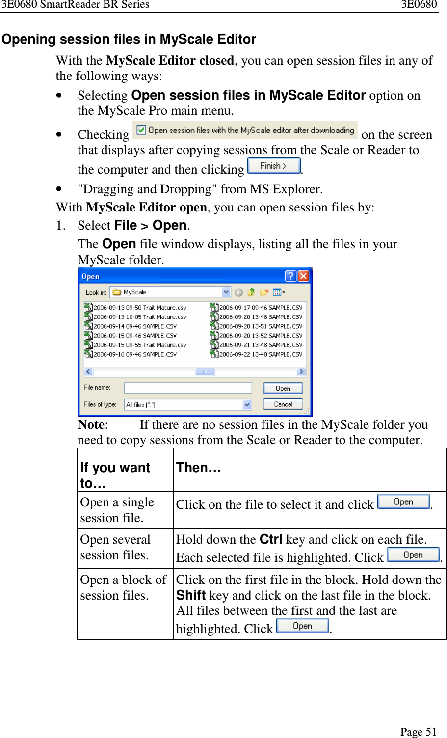 3E0680 SmartReader BR Series 3E0680Page 51Opening session files in MyScale EditorWith the MyScaleEditorclosed, you can open session files in any ofthe following ways:•Selecting Open session files in MyScale Editor option onthe MyScale Pro main menu.•Checking on the screenthat displays after copying sessions from the Scale or Reader tothe computer and then clicking .•&quot;Dragging and Dropping&quot; from MS Explorer.With MyScaleEditoropen, you can open session files by:1. Select File &gt; Open.The Open file window displays, listing all the files in yourMyScale folder.Note: If there are no session files in the MyScale folder youneed to copy sessions from the Scale or Reader to the computer.If you wantto…Then…Open a singlesession file.Click on the file to select it and click .Open severalsession files.Hold down the Ctrl key and click on each file.Each selected file is highlighted. Click .Open a block ofsession files.Click on the first file in the block. Hold down theShift key and click on the last file in the block.Allfilesbetweenthefirstandthelastarehighlighted. Click .