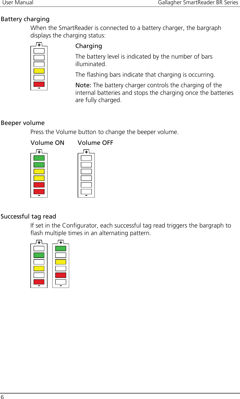  User Manual  Gallagher SmartReader BR Series  6  Battery charging When the SmartReader is connected to a battery charger, the bargraph displays the charging status:  Charging The battery level is indicated by the number of bars illuminated. The flashing bars indicate that charging is occurring. Note: The battery charger controls the charging of the internal batteries and stops the charging once the batteries are fully charged.  Beeper volume Press the Volume button to change the beeper volume. Volume ON  Volume OFF   Successful tag read If set in the Configurator, each successful tag read triggers the bargraph to flash multiple times in an alternating pattern.    