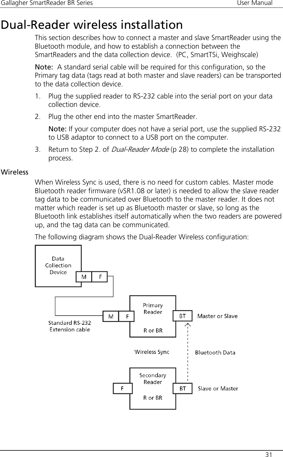 Gallagher SmartReader BR Series  User Manual    31  Dual-Reader wireless installation This section describes how to connect a master and slave SmartReader using the Bluetooth module, and how to establish a connection between the SmartReaders and the data collection device.  (PC, SmartTSi, Weighscale) Note:  A standard serial cable will be required for this configuration, so the Primary tag data (tags read at both master and slave readers) can be transported to the data collection device. 1. Plug the supplied reader to RS-232 cable into the serial port on your data collection device. 2. Plug the other end into the master SmartReader. Note: If your computer does not have a serial port, use the supplied RS-232 to USB adaptor to connect to a USB port on the computer. 3. Return to Step 2. of Dual-Reader Mode (p 28) to complete the installation process. Wireless When Wireless Sync is used, there is no need for custom cables. Master mode Bluetooth reader firmware (vSR1.08 or later) is needed to allow the slave reader tag data to be communicated over Bluetooth to the master reader. It does not matter which reader is set up as Bluetooth master or slave, so long as the Bluetooth link establishes itself automatically when the two readers are powered up, and the tag data can be communicated. The following diagram shows the Dual-Reader Wireless configuration:    