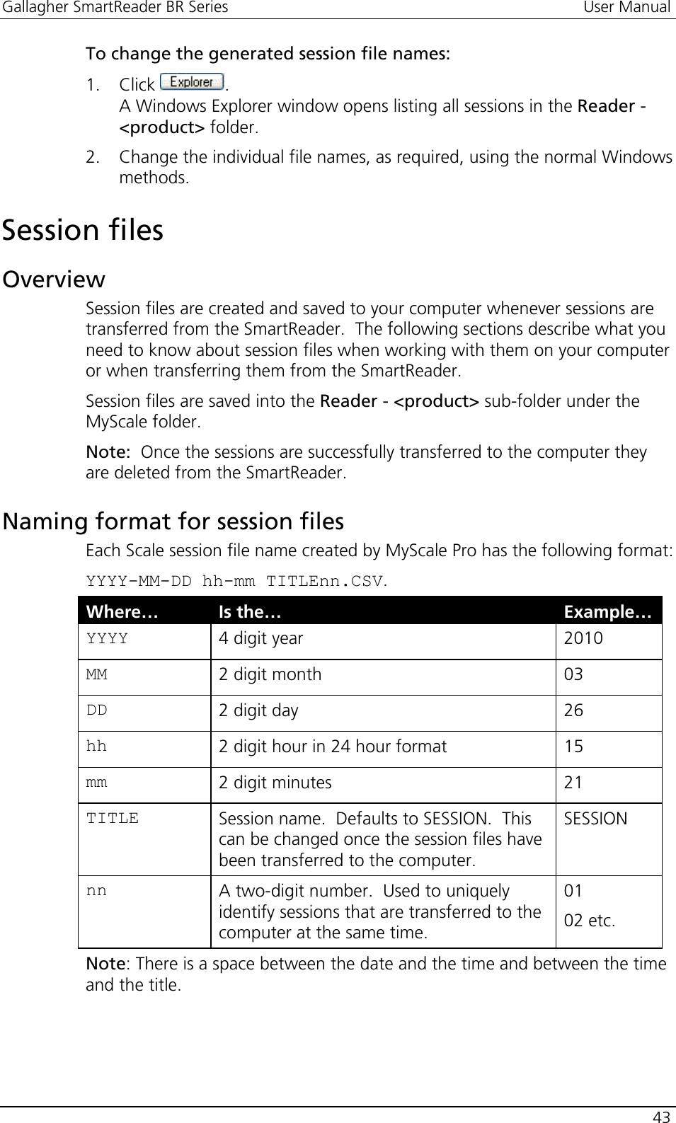 Gallagher SmartReader BR Series  User Manual    43  To change the generated session file names: 1. Click  . A Windows Explorer window opens listing all sessions in the Reader - &lt;product&gt; folder. 2. Change the individual file names, as required, using the normal Windows methods.  Session files Overview Session files are created and saved to your computer whenever sessions are transferred from the SmartReader.  The following sections describe what you need to know about session files when working with them on your computer or when transferring them from the SmartReader. Session files are saved into the Reader - &lt;product&gt; sub-folder under the MyScale folder. Note:  Once the sessions are successfully transferred to the computer they are deleted from the SmartReader.  Naming format for session files Each Scale session file name created by MyScale Pro has the following format: YYYY-MM-DD hh-mm TITLEnn.CSV. Where…  Is the…  Example…YYYY 4 digit year  2010 MM 2 digit month  03 DD 2 digit day  26 hh 2 digit hour in 24 hour format  15 mm 2 digit minutes  21 TITLE Session name.  Defaults to SESSION.  This can be changed once the session files have been transferred to the computer. SESSION nn A two-digit number.  Used to uniquely identify sessions that are transferred to the computer at the same time. 01 02 etc. Note: There is a space between the date and the time and between the time and the title. 