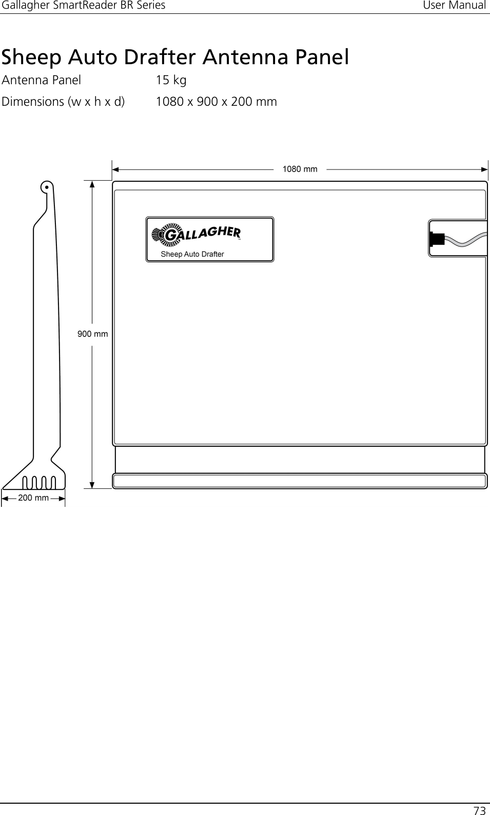 Gallagher SmartReader BR Series  User Manual    73  Sheep Auto Drafter Antenna Panel Antenna Panel  15 kg Dimensions (w x h x d)  1080 x 900 x 200 mm   