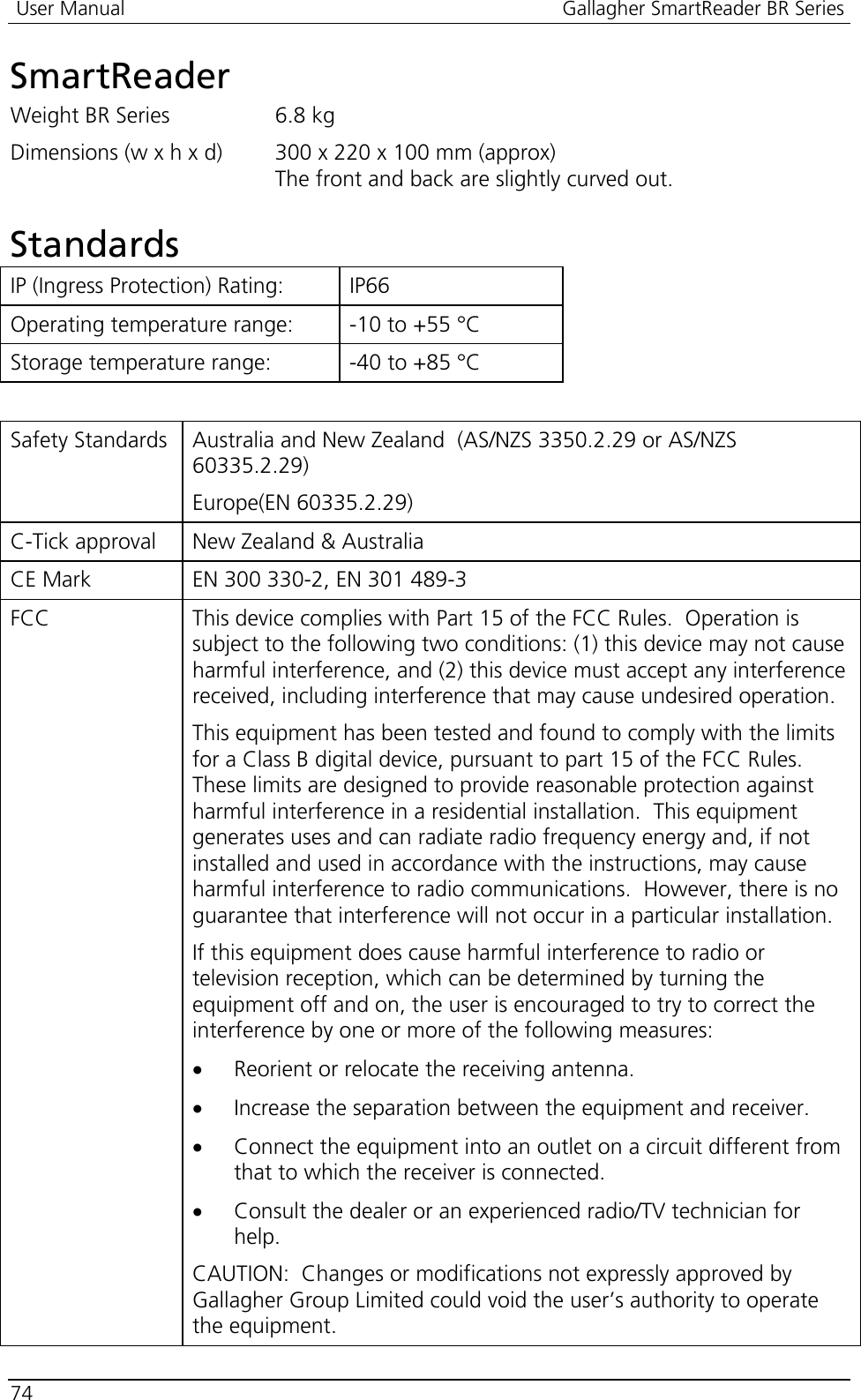  User Manual  Gallagher SmartReader BR Series  74  SmartReader Weight BR Series  6.8 kg Dimensions (w x h x d)  300 x 220 x 100 mm (approx)  The front and back are slightly curved out.  Standards IP (Ingress Protection) Rating:  IP66  Operating temperature range:  -10 to +55 °C  Storage temperature range:  -40 to +85 °C   Safety Standards  Australia and New Zealand  (AS/NZS 3350.2.29 or AS/NZS 60335.2.29) Europe(EN 60335.2.29) C-Tick approval  New Zealand &amp; Australia CE Mark  EN 300 330-2, EN 301 489-3 FCC  This device complies with Part 15 of the FCC Rules.  Operation is subject to the following two conditions: (1) this device may not cause harmful interference, and (2) this device must accept any interference received, including interference that may cause undesired operation. This equipment has been tested and found to comply with the limits for a Class B digital device, pursuant to part 15 of the FCC Rules.  These limits are designed to provide reasonable protection against harmful interference in a residential installation.  This equipment generates uses and can radiate radio frequency energy and, if not installed and used in accordance with the instructions, may cause harmful interference to radio communications.  However, there is no guarantee that interference will not occur in a particular installation. If this equipment does cause harmful interference to radio or television reception, which can be determined by turning the equipment off and on, the user is encouraged to try to correct the interference by one or more of the following measures: • Reorient or relocate the receiving antenna. • Increase the separation between the equipment and receiver. • Connect the equipment into an outlet on a circuit different from that to which the receiver is connected. • Consult the dealer or an experienced radio/TV technician for help. CAUTION:  Changes or modifications not expressly approved by Gallagher Group Limited could void the user’s authority to operate the equipment. 