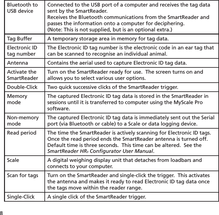 8 Bluetooth to USB deviceConnected to the USB port of a computer and receives the tag data sent by the SmartReader.  Receives the Bluetooth communications from the SmartReader and passes the information onto a computer for deciphering.(Note: This is not supplied, but is an optional extra.)Tag Buffer A temporary storage area in memory for tag data.Electronic ID tag numberThe Electronic ID tag number is the electronic code in an ear tag that can be scanned to recognise an individual animal.Antenna Contains the aerial used to capture Electronic ID tag data.Activate the SmartReaderTurn on the SmartReader ready for use.  The screen turns on and allows you to select various user options.Double-Click Two quick successive clicks of the SmartReader trigger.Memory modeThe captured Electronic ID tag data is stored in the SmartReader in sessions until it is transferred to computer using the MyScale Pro software.Non-memory modeThe captured Electronic ID tag data is immediately sent out the Serial port (via Bluetooth or cable) to a Scale or data logging device.Read period The time the SmartReader is actively scanning for Electronic ID tags.  Once the read period ends the SmartReader antenna is turned off.  Default time is three seconds.  This time can be altered.  See the SmartReader HR3 Conﬁ gurator User Manual.Scale A digital weighing display unit that detaches from loadbars and connects to your computer.Scan for tags Turn on the SmartReader and single-click the trigger.  This activates the antenna and makes it ready to read Electronic ID tag data once the tags move within the reader range.Single-Click A single click of the SmartReader trigger.