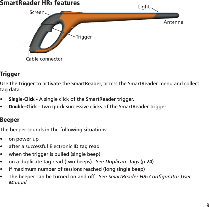 9 SmartReader HR3 featuresTriggerUse the trigger to activate the SmartReader, access the SmartReader menu and collect tag data.Single-Click•   - A single click of the SmartReader trigger.Double-Click•   - Two quick successive clicks of the SmartReader trigger.BeeperThe beeper sounds in the following situations:on power up• after a successful Electronic ID tag read• when the trigger is pulled (single beep)• on a duplicate tag read (two beeps).  See •  Duplicate Tags (p 24)if maximum number of sessions reached (long single beep)• The beeper can be turned on and off.  See •  SmartReader HR3 Conﬁ gurator User Manual.